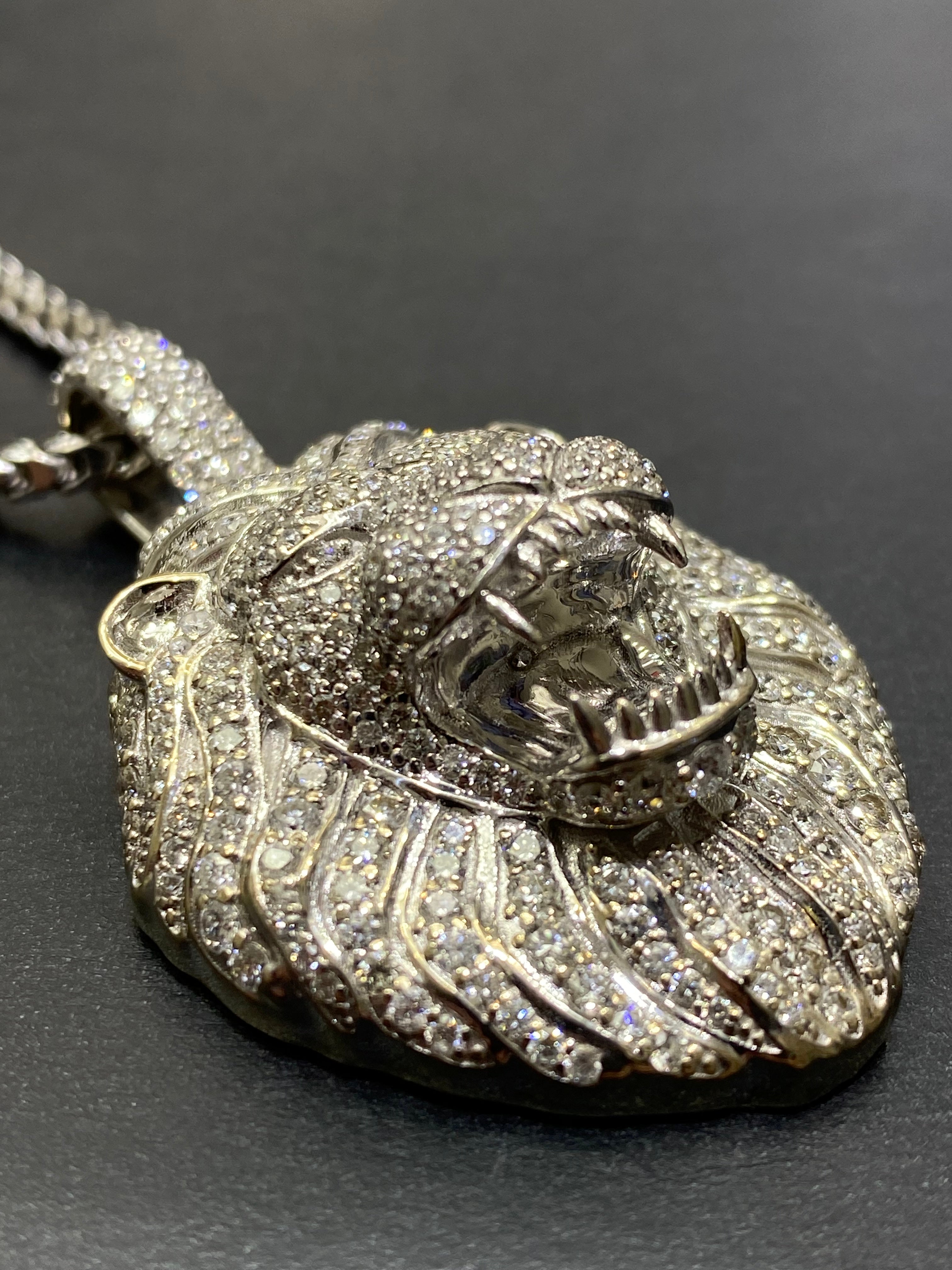 New 14k "Iced Out" Lion Custom Pendant 4 cts t.w. Natural VS1 Diamonds and 32 grams 14k White Gold