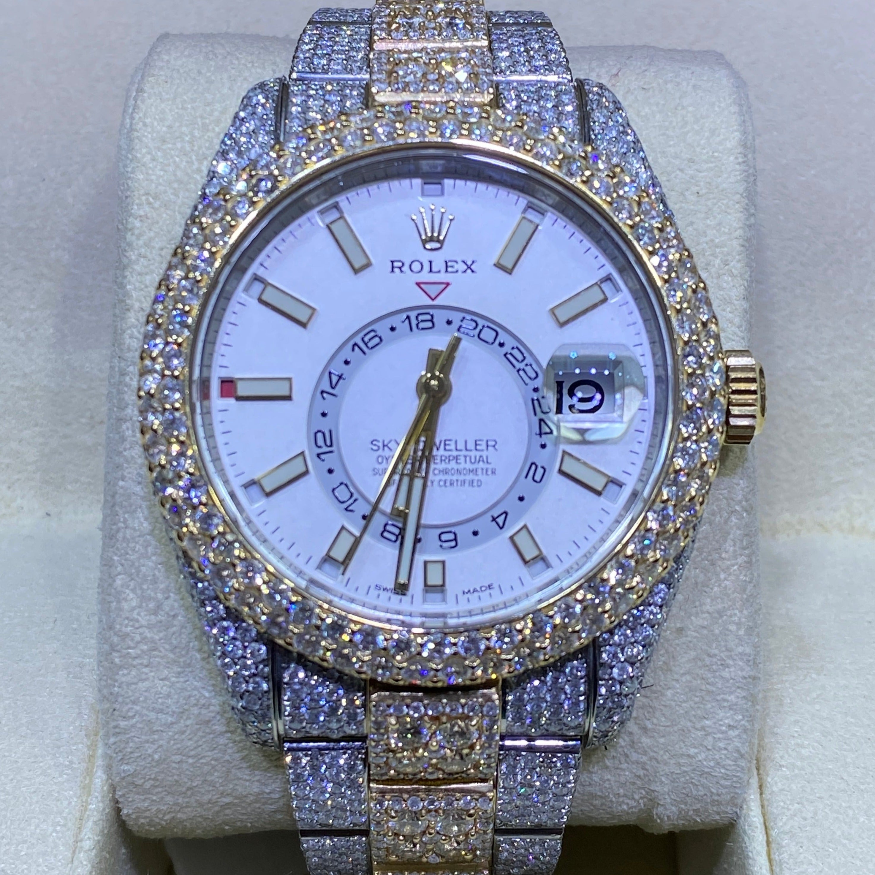 iced rolex "bust down" two tone sky dweller watch with 37 cts of vs1 diamonds