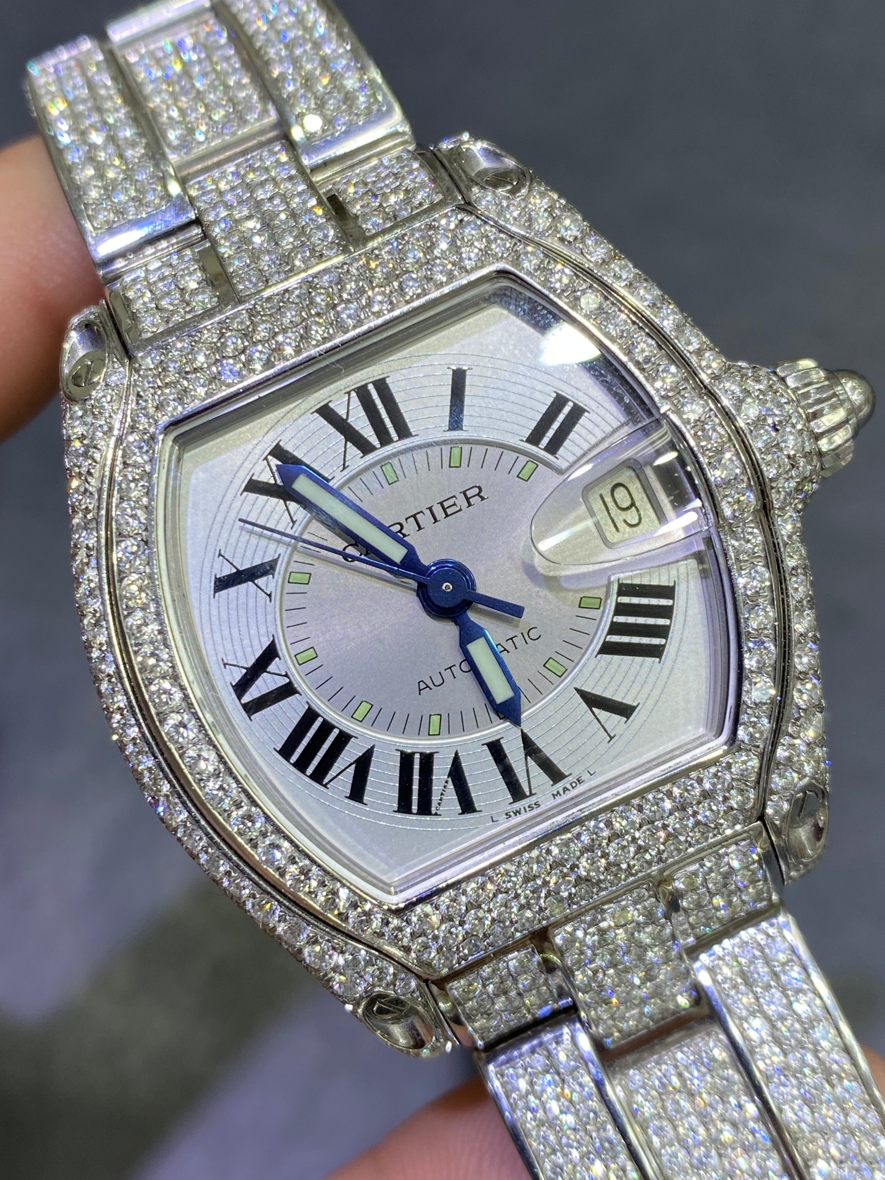 36mm Cartier Roadster 20 cts Vvs1 iced Bustdown 1of 1 "iced out" cartier bust down watch stainless steel