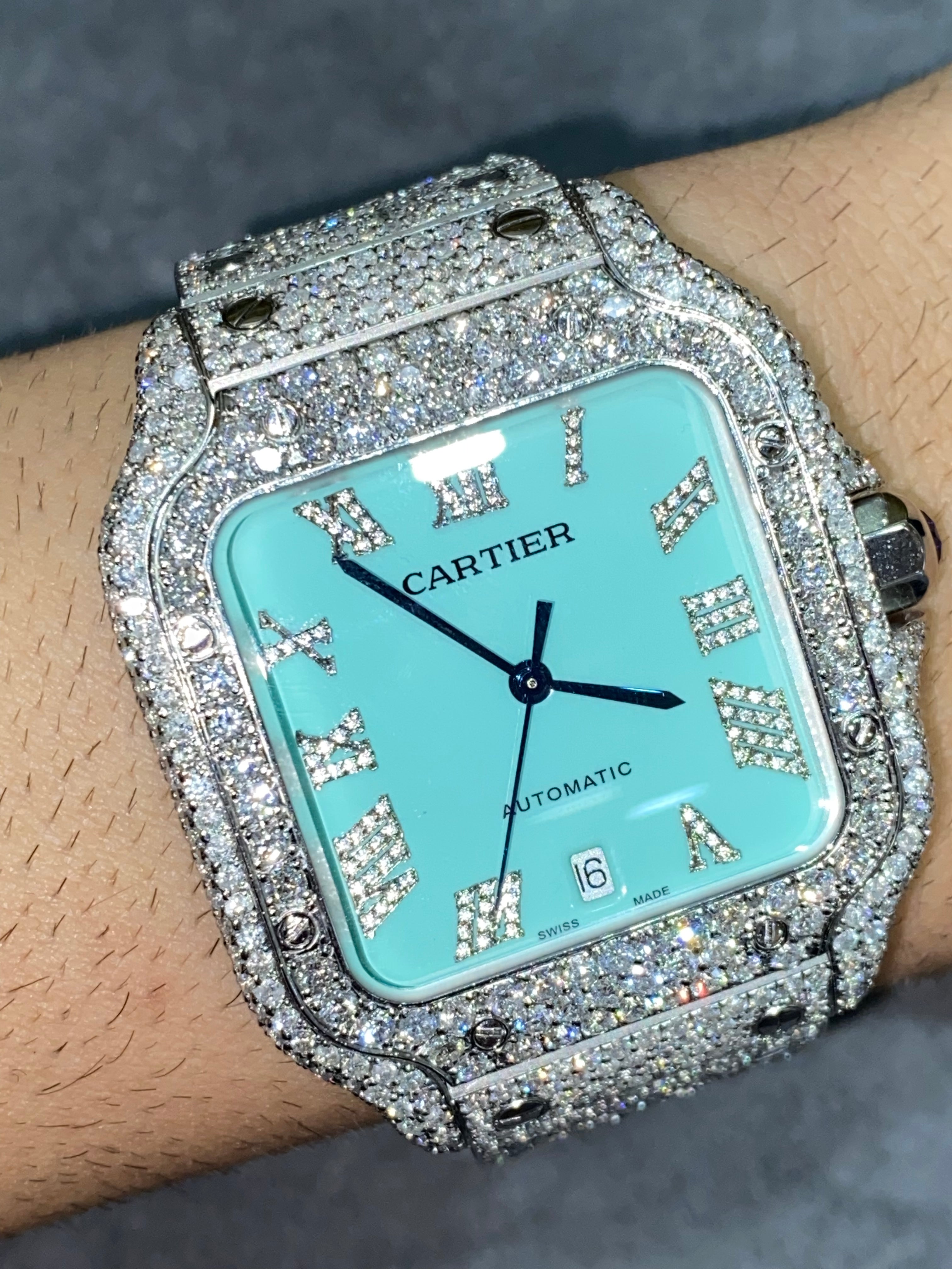 new 41mm cartier santos xl"iced bust down" watch blue “tiffany style”dial 18cts t.w.vs1 natural diamonds 💎