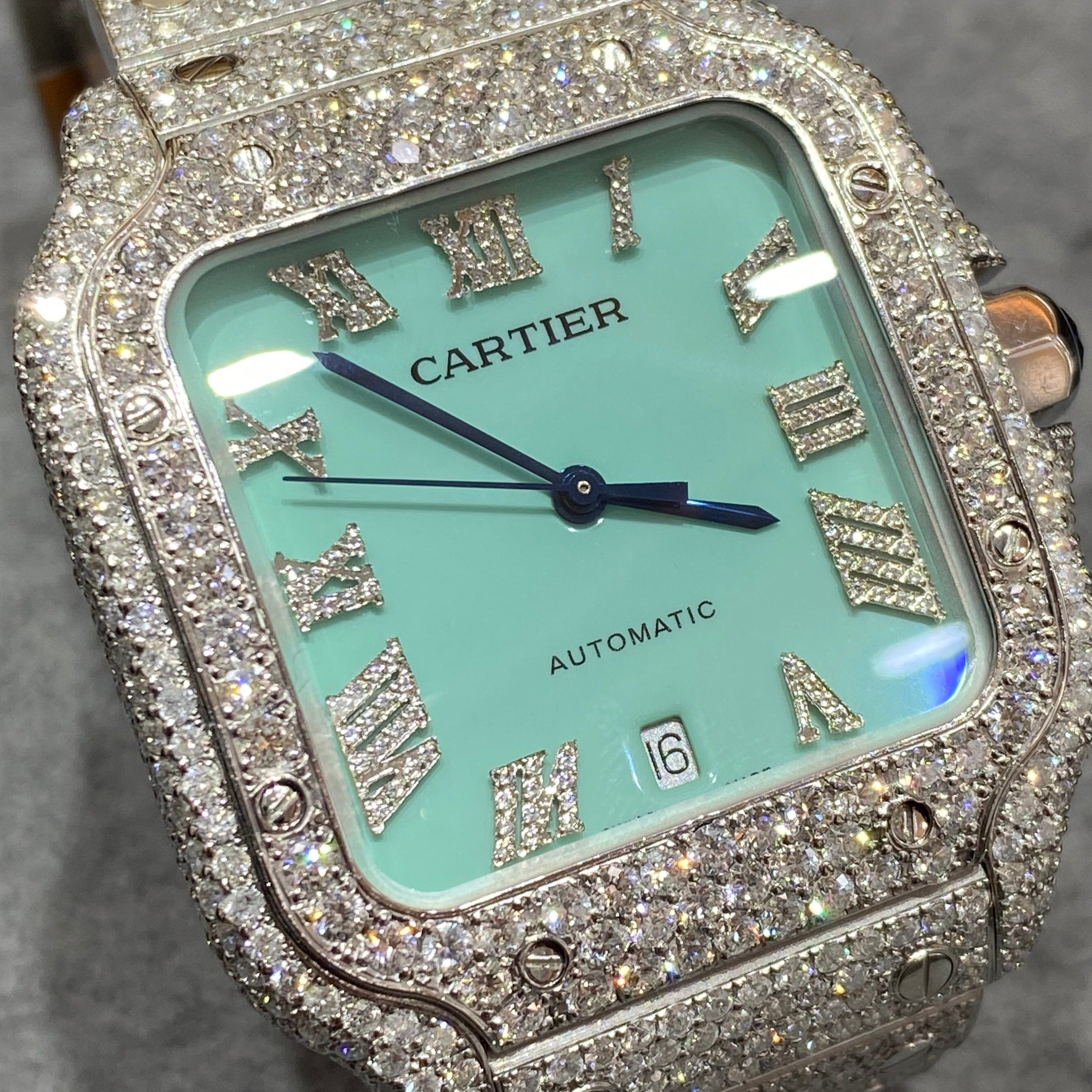 new 41mm cartier santos xl"iced bust down" watch blue “tiffany style”dial 18cts t.w.vs1 natural diamonds 💎