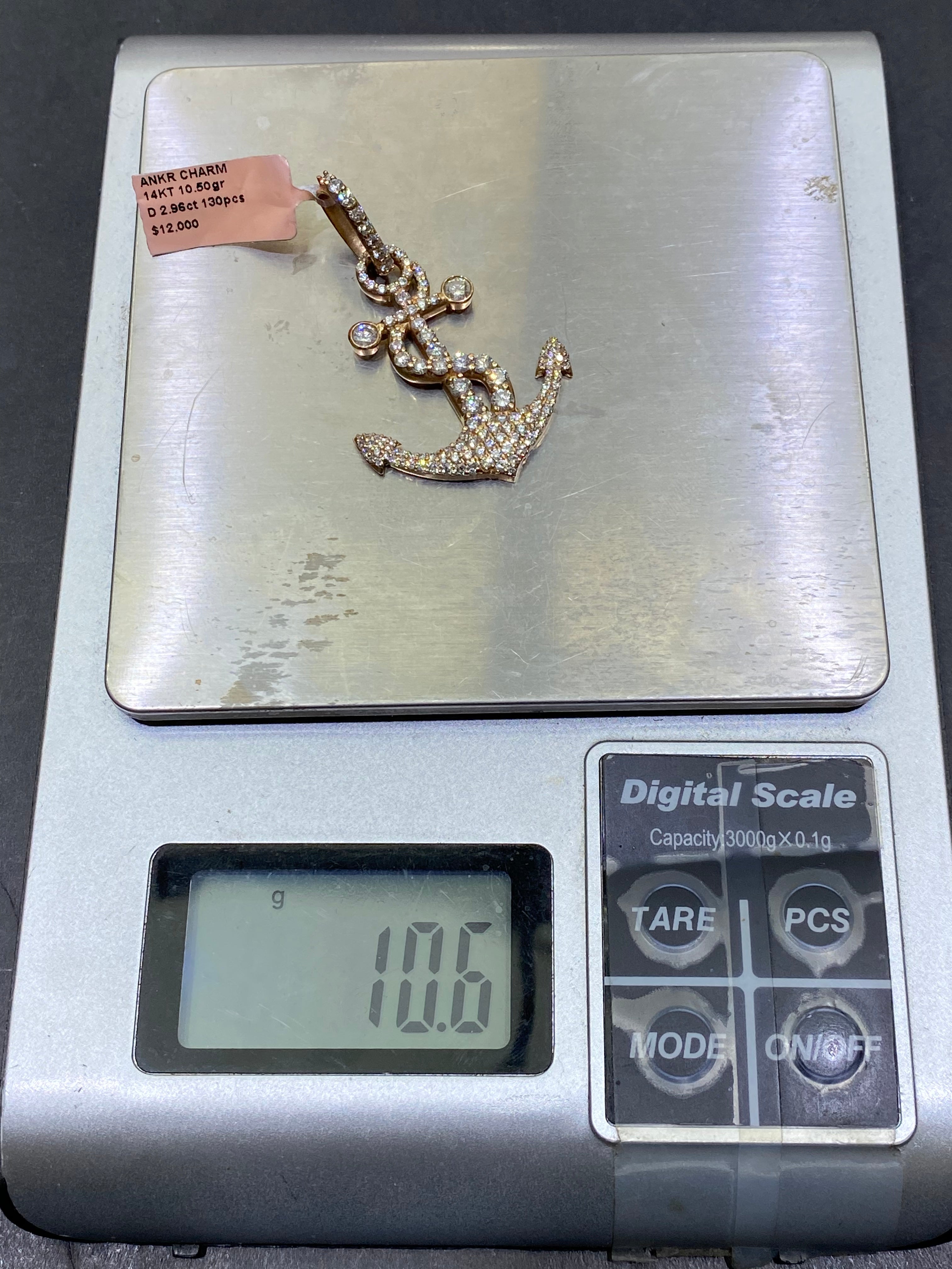 New 14k Anchor Pendant VS-1 natural diamonds 3 cts.t.w. 14k 10.6 grams