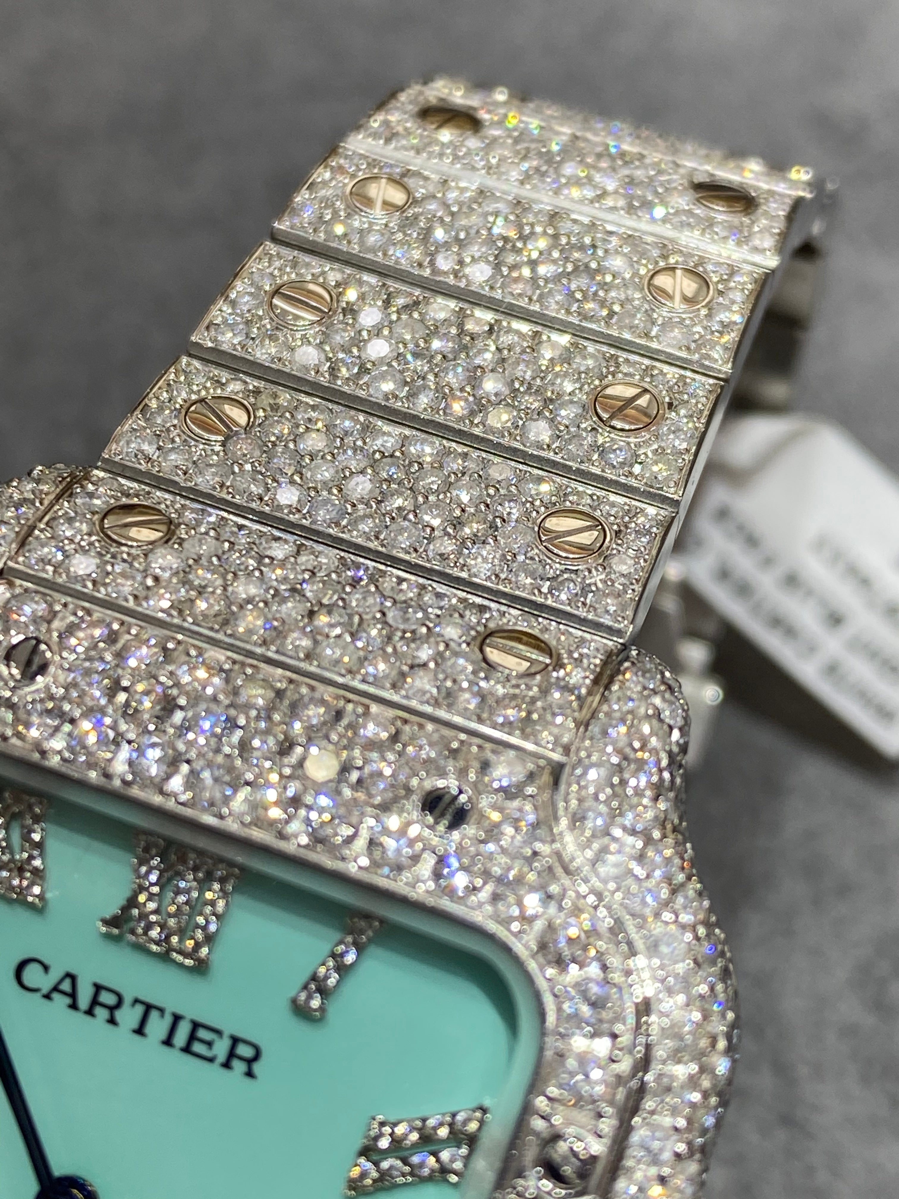 new 41mm cartier santos xl"iced bust down" watch blue “tiffany style”dial 18cts t.w.vs1 natural diamonds 💎