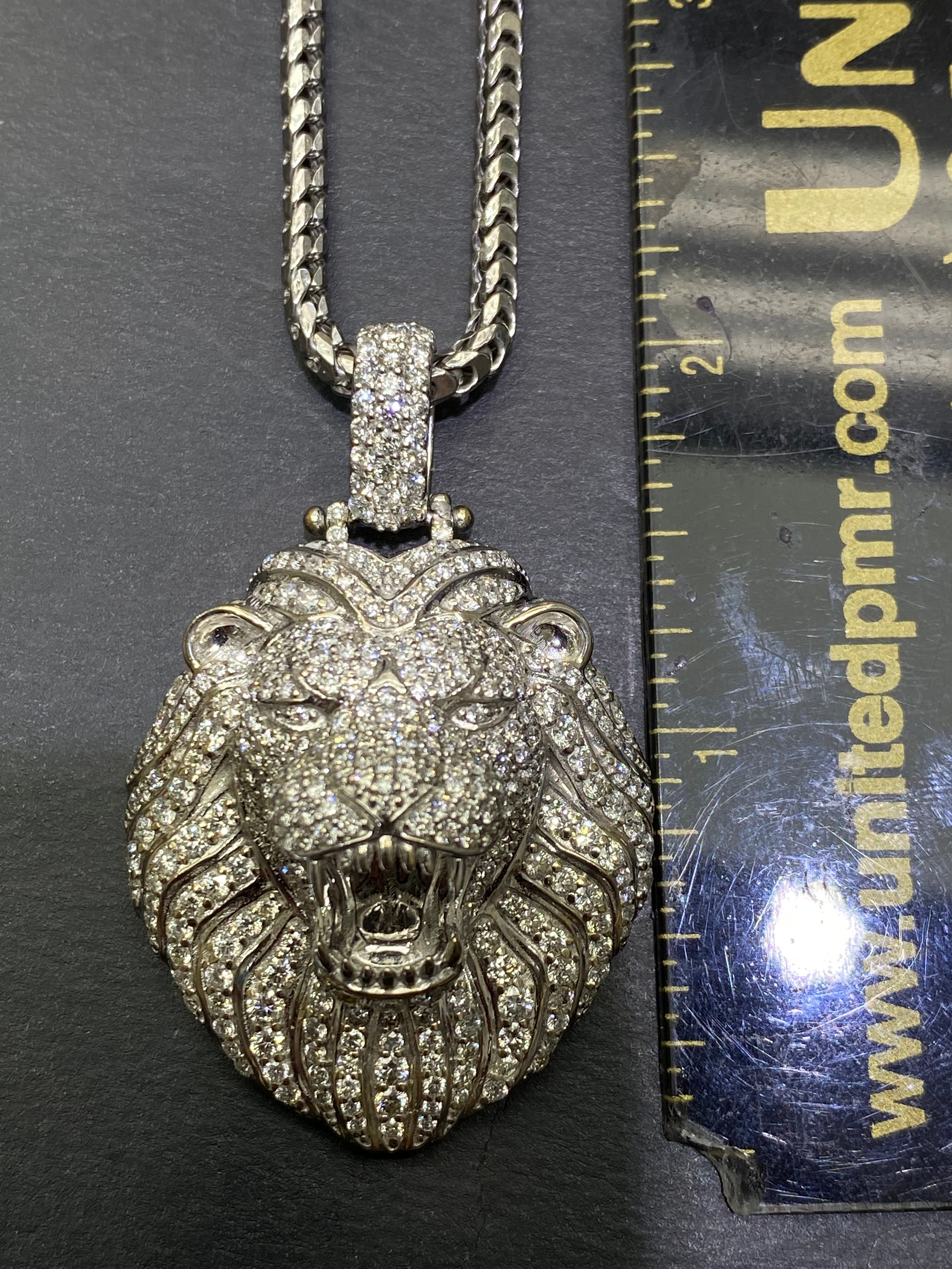 New 14k "Iced Out" Lion Custom Pendant 4 cts t.w. Natural VS1 Diamonds and 32 grams 14k White Gold