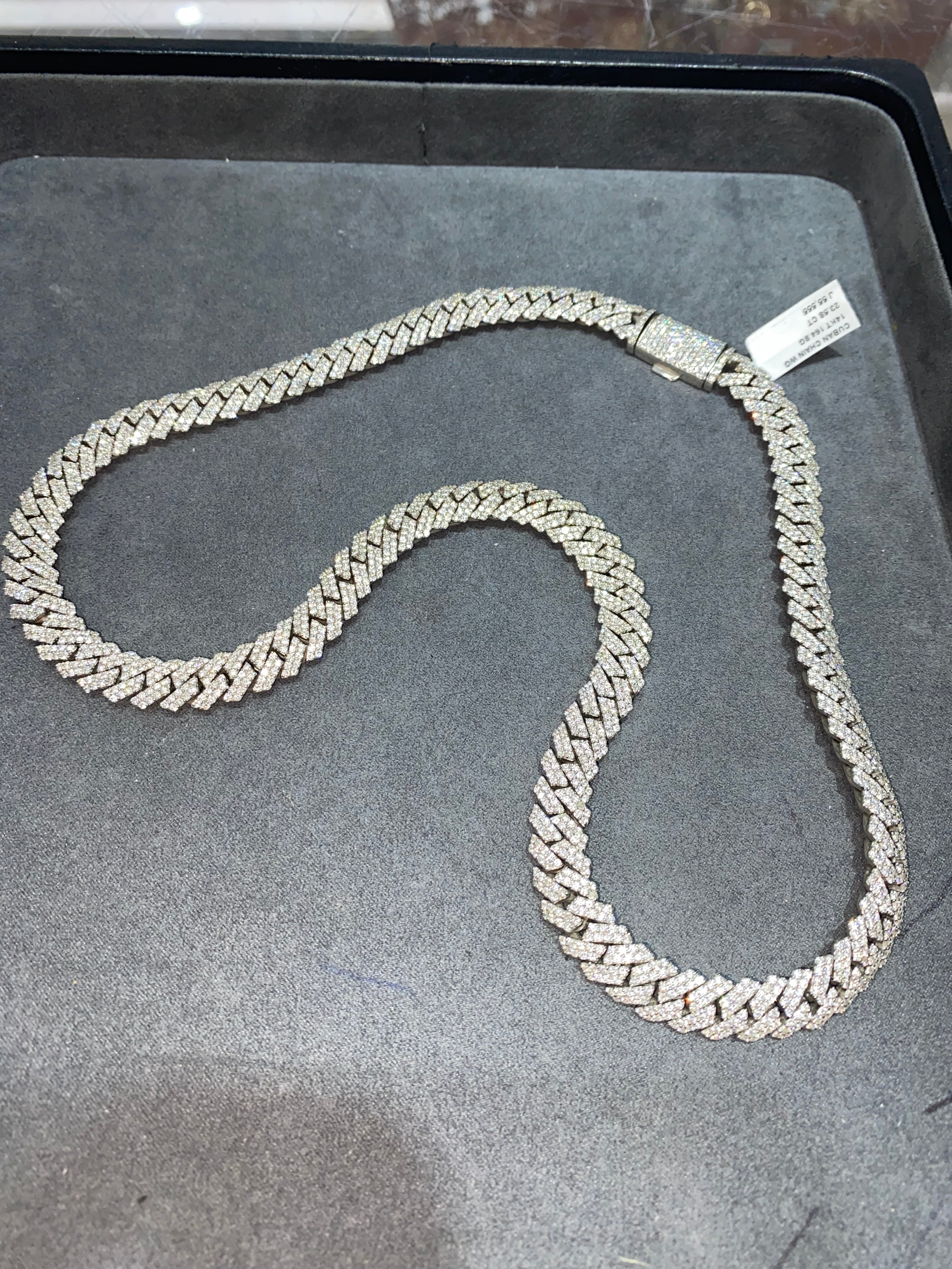 New ICED 14k WHITE GOLD MIAMI CUBAN NECKLACE Vs1 24.cts.t.w. NATURAL DIAMONDS