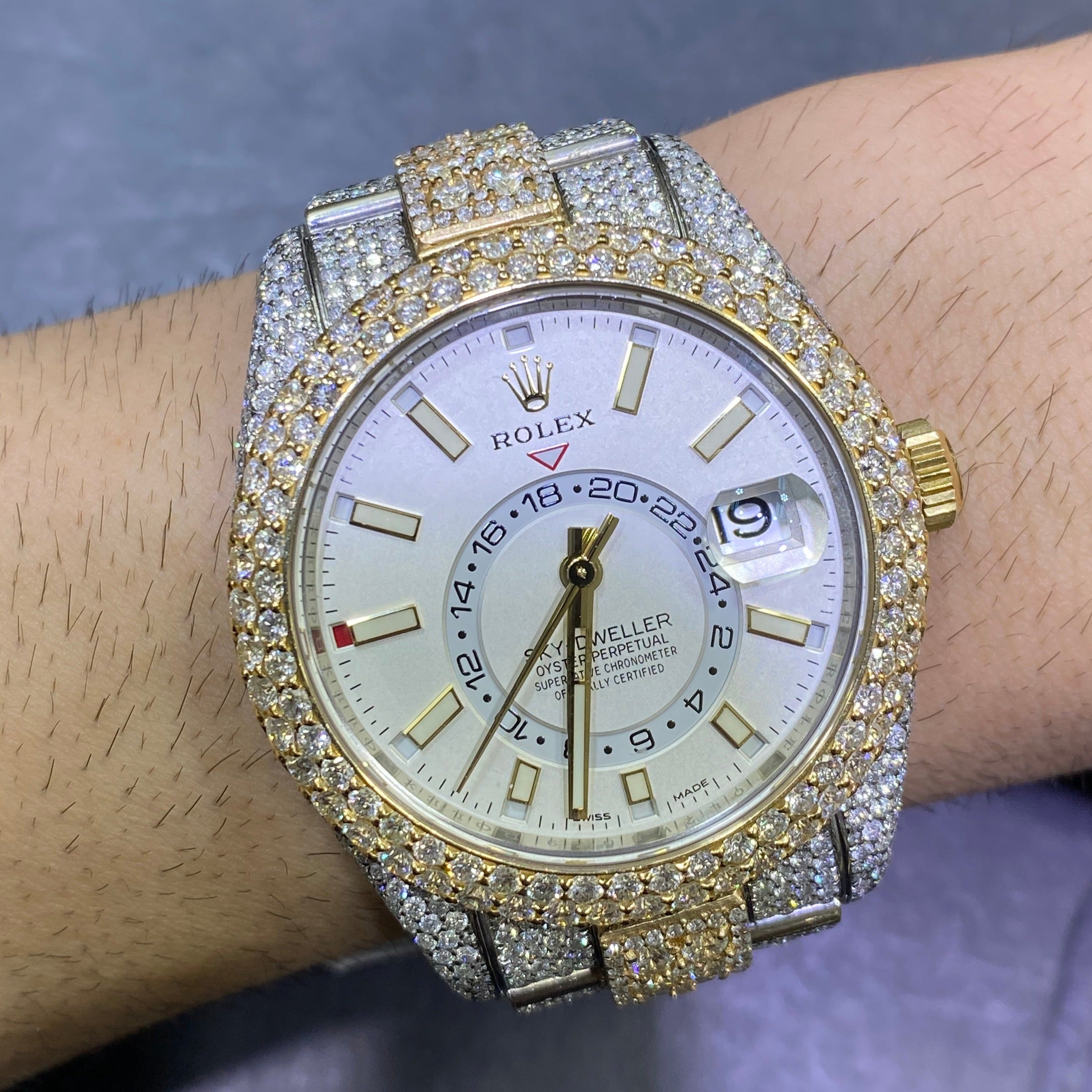 iced rolex "bust down" two tone sky dweller watch with 37 cts of vs1 diamonds