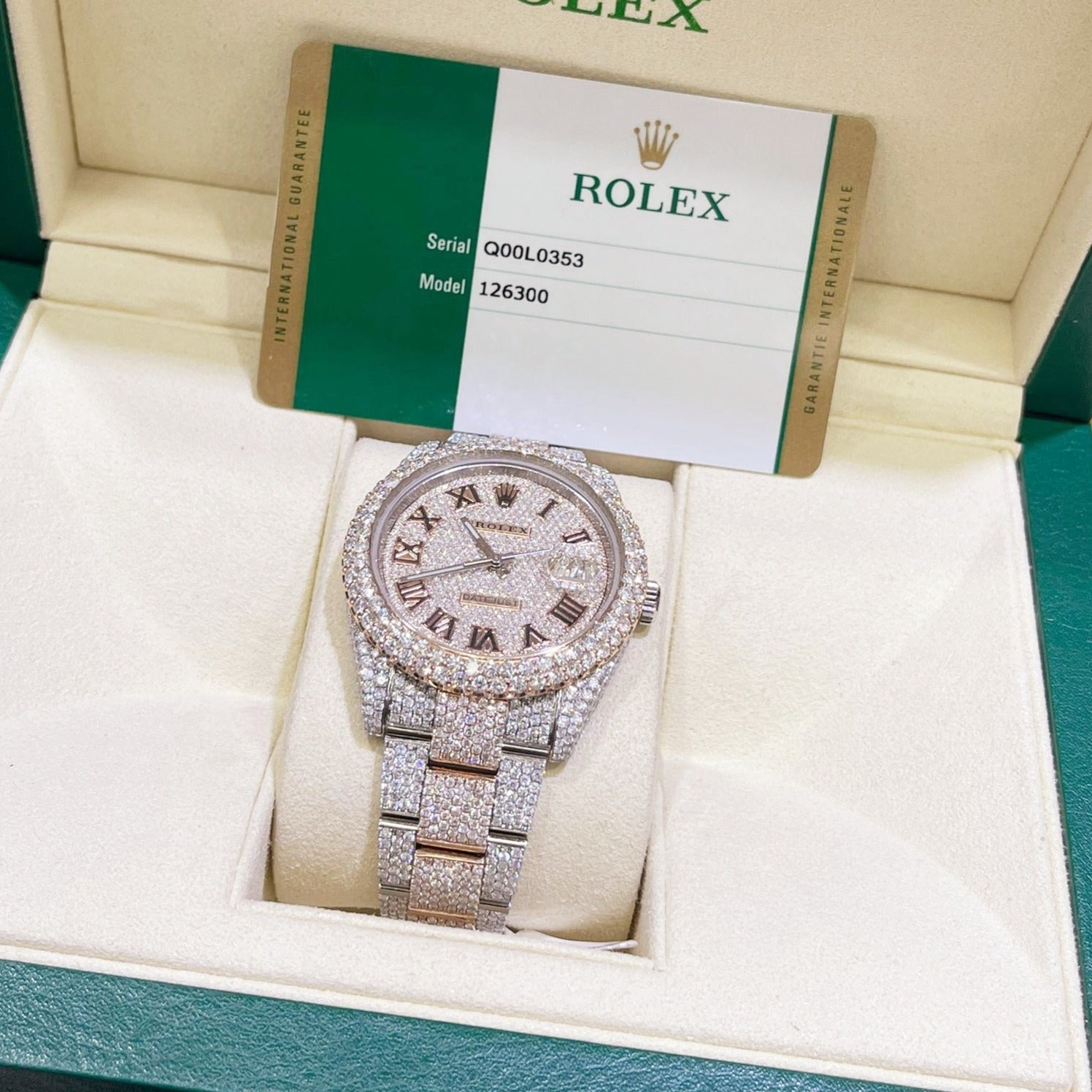 41mm 2020 rolex #126300 29cts t.w vs1,rose gold 2x bezel roman dial,