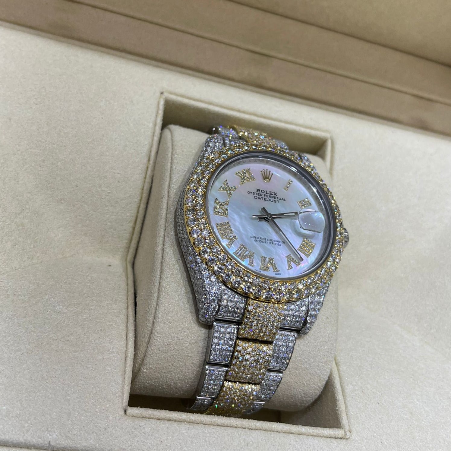 41mm rolex #126300 m.o.pearl roman dial 29cts.t.w.new flower diamond setting