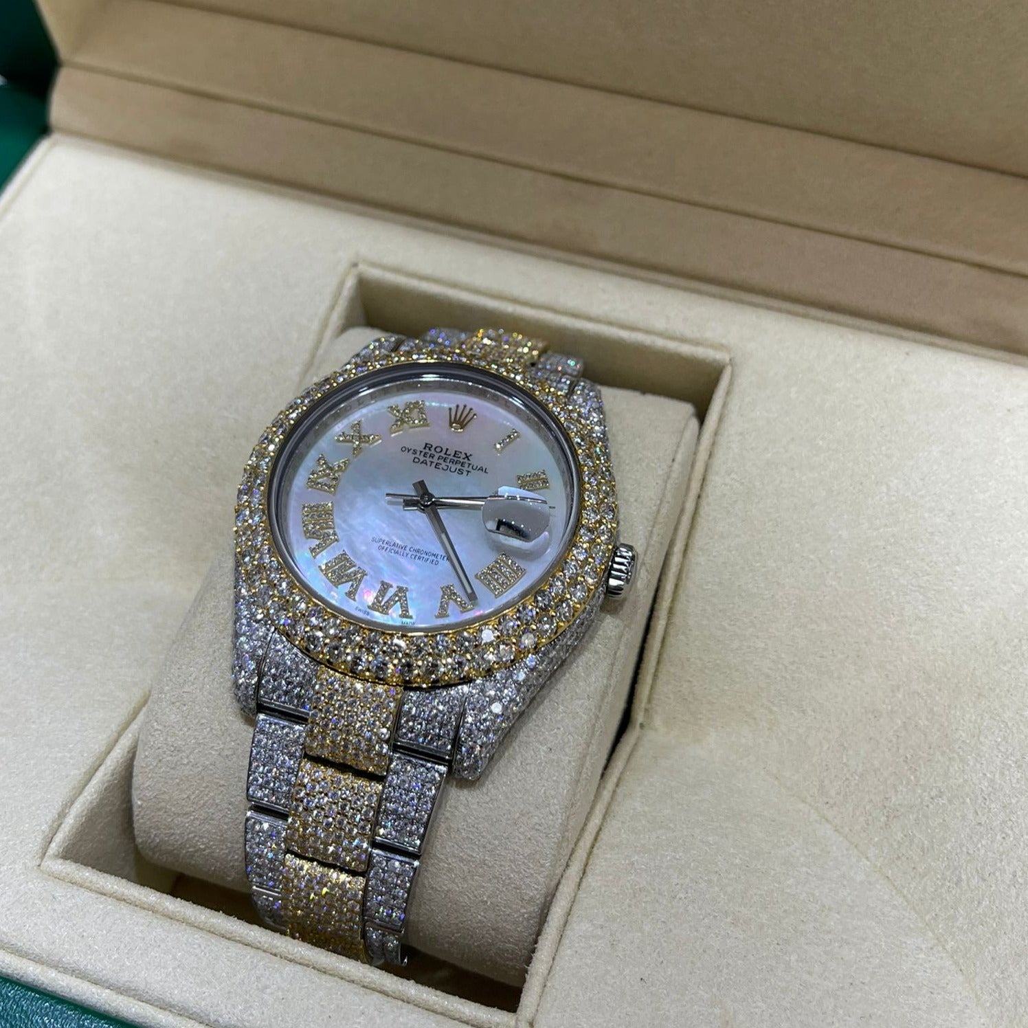 41mm rolex #126300 m.o.pearl roman dial 29cts.t.w.new flower diamond setting