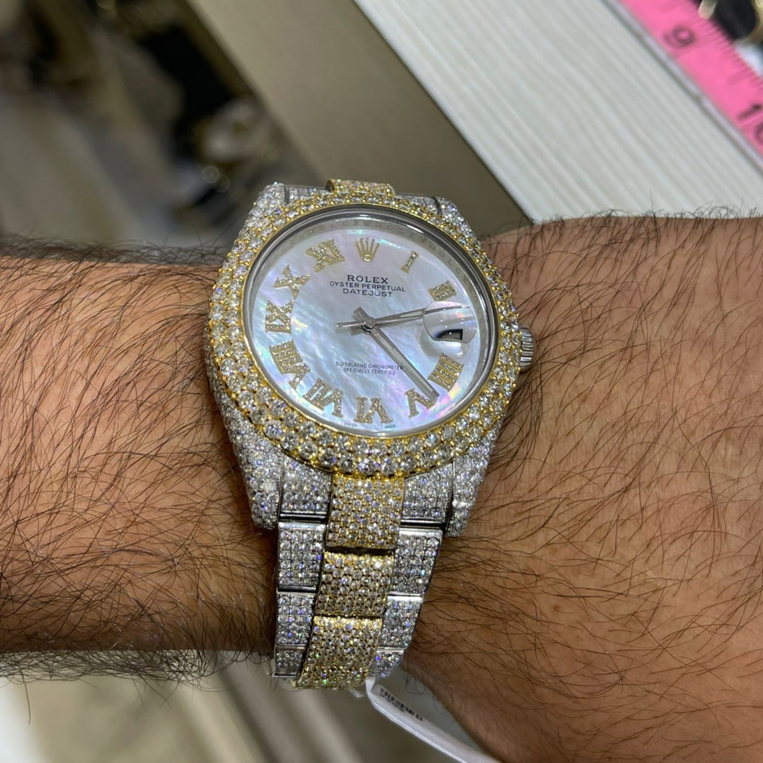 41mm rolex #126300 m.o.pearl roman dial 29cts.t.w.new flower diamond setting