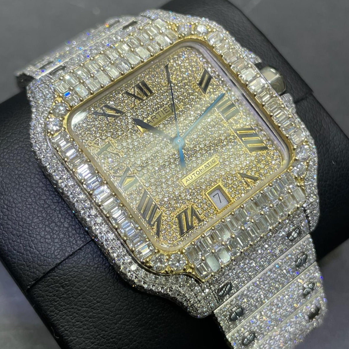 iced out cartier watch baguette cartier watch "iced bust down" 22 cts t.w. vs1 natural diamonds two tone