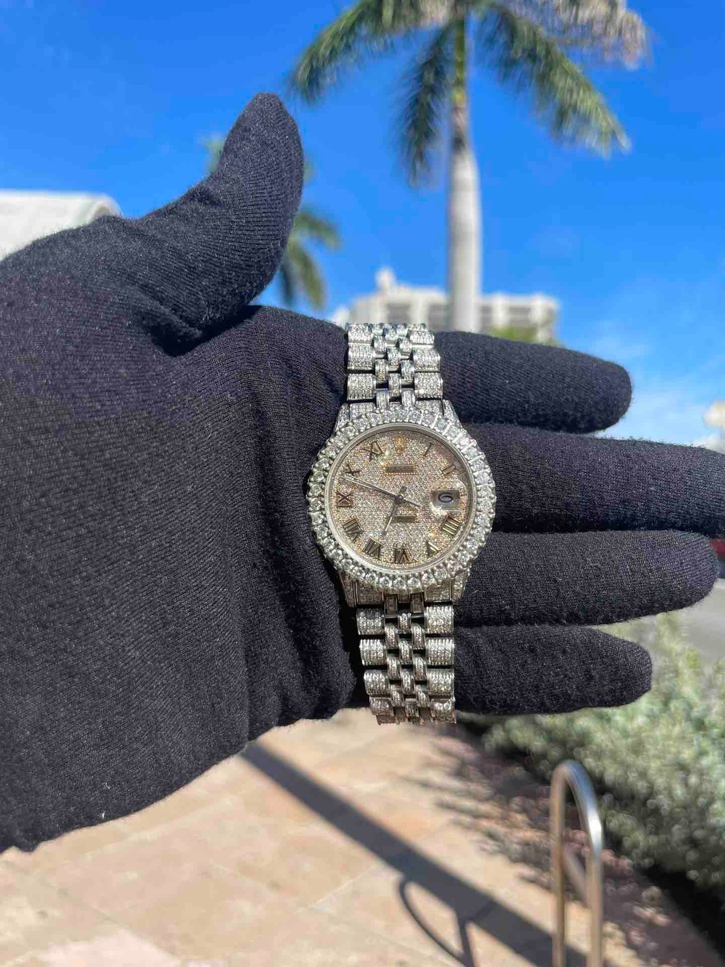 36mm rolex "bust down" iced stainless steel. 15 cts t.w.