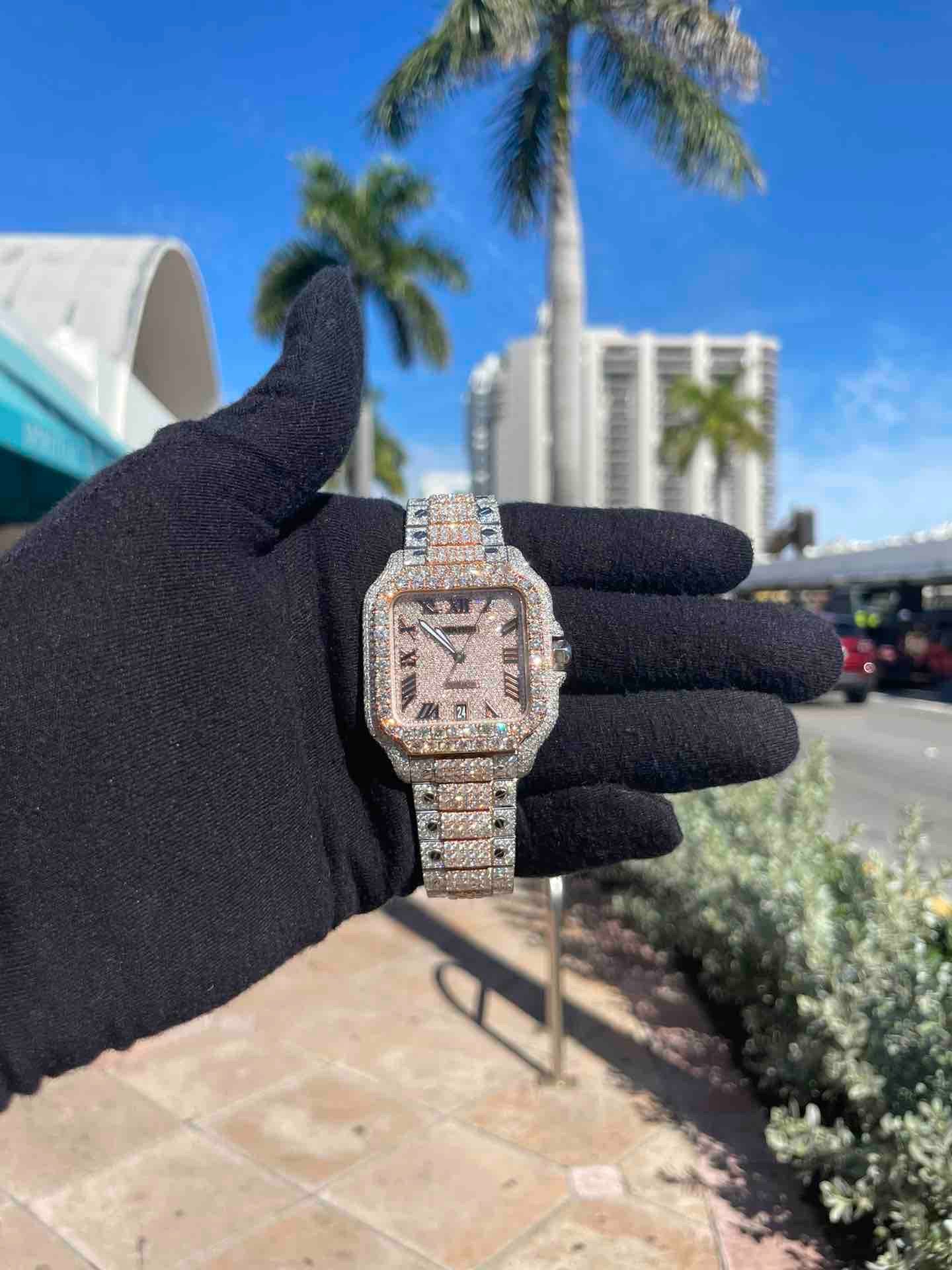 41mm Iced Out Cartier Watch Rose Gold Roman Santos XL Rose Gold