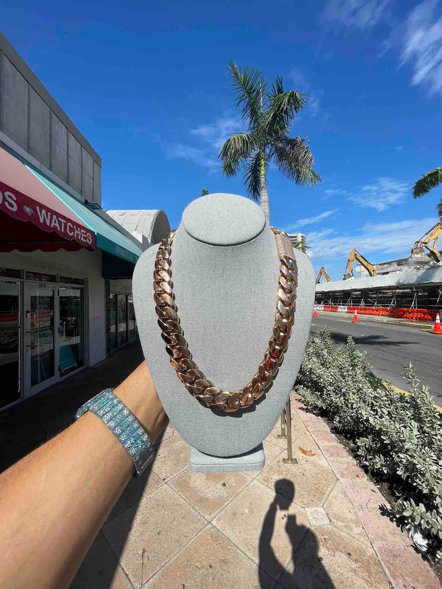 10k 21mm rose gold heavy miami cuban link chain 523 grams vs1 diamond clasp on miami beach at renee de paris jewelry