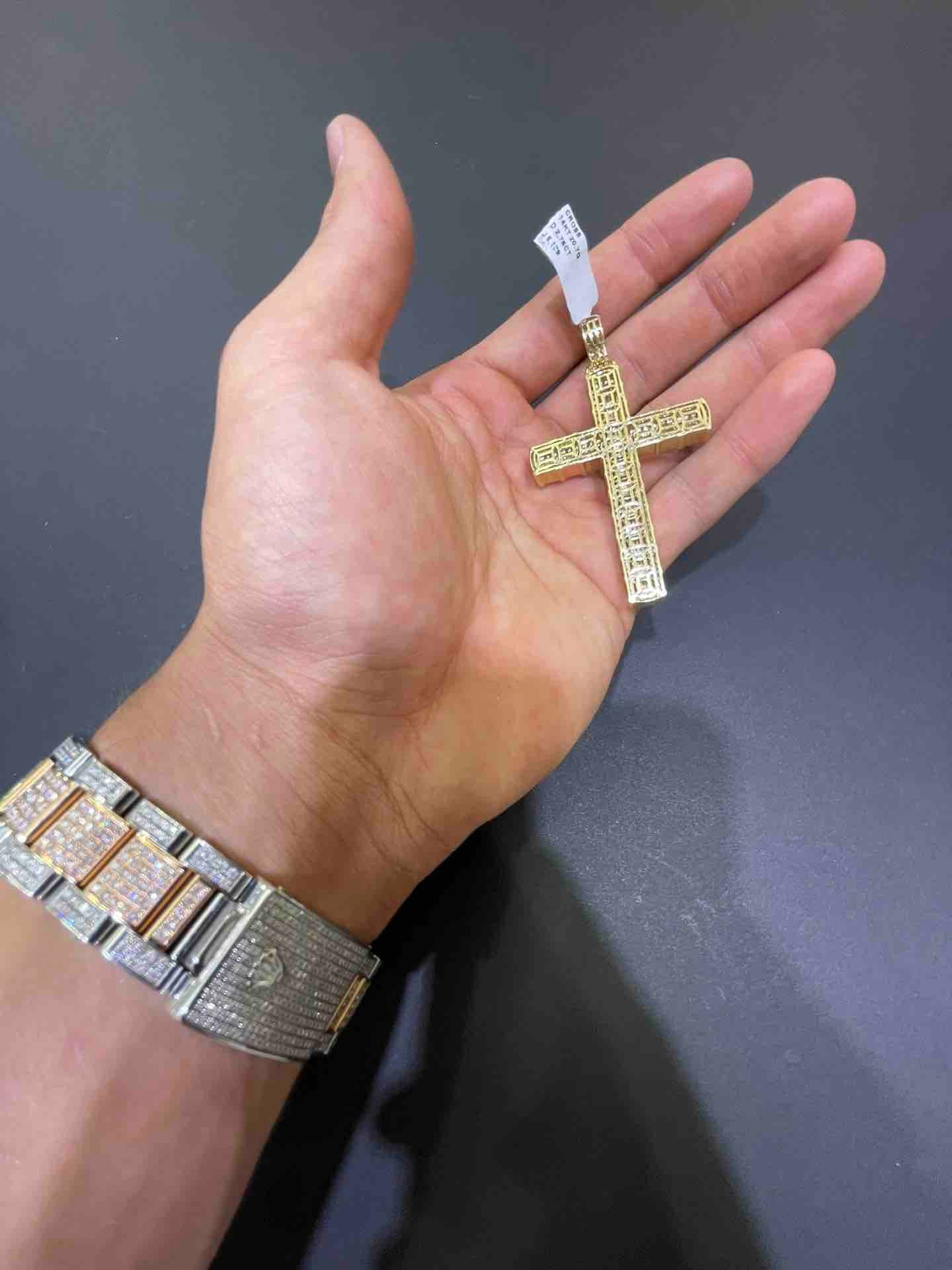 New large baguette cross pendant with vs1 natural diamonds and 14k gold
