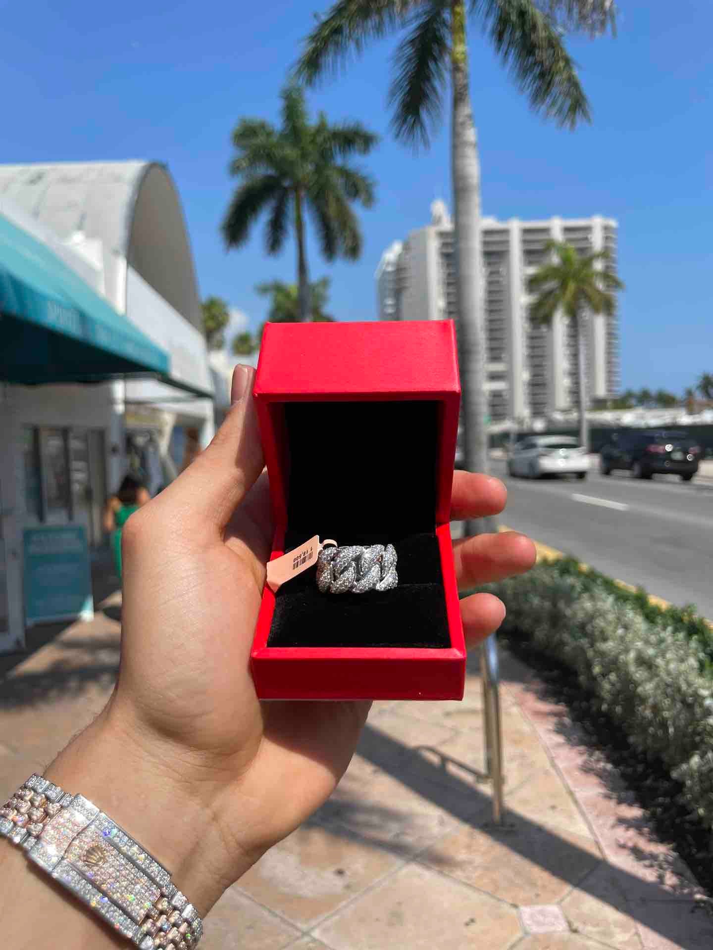 14k Iced Cuban Link Ring White Gold
