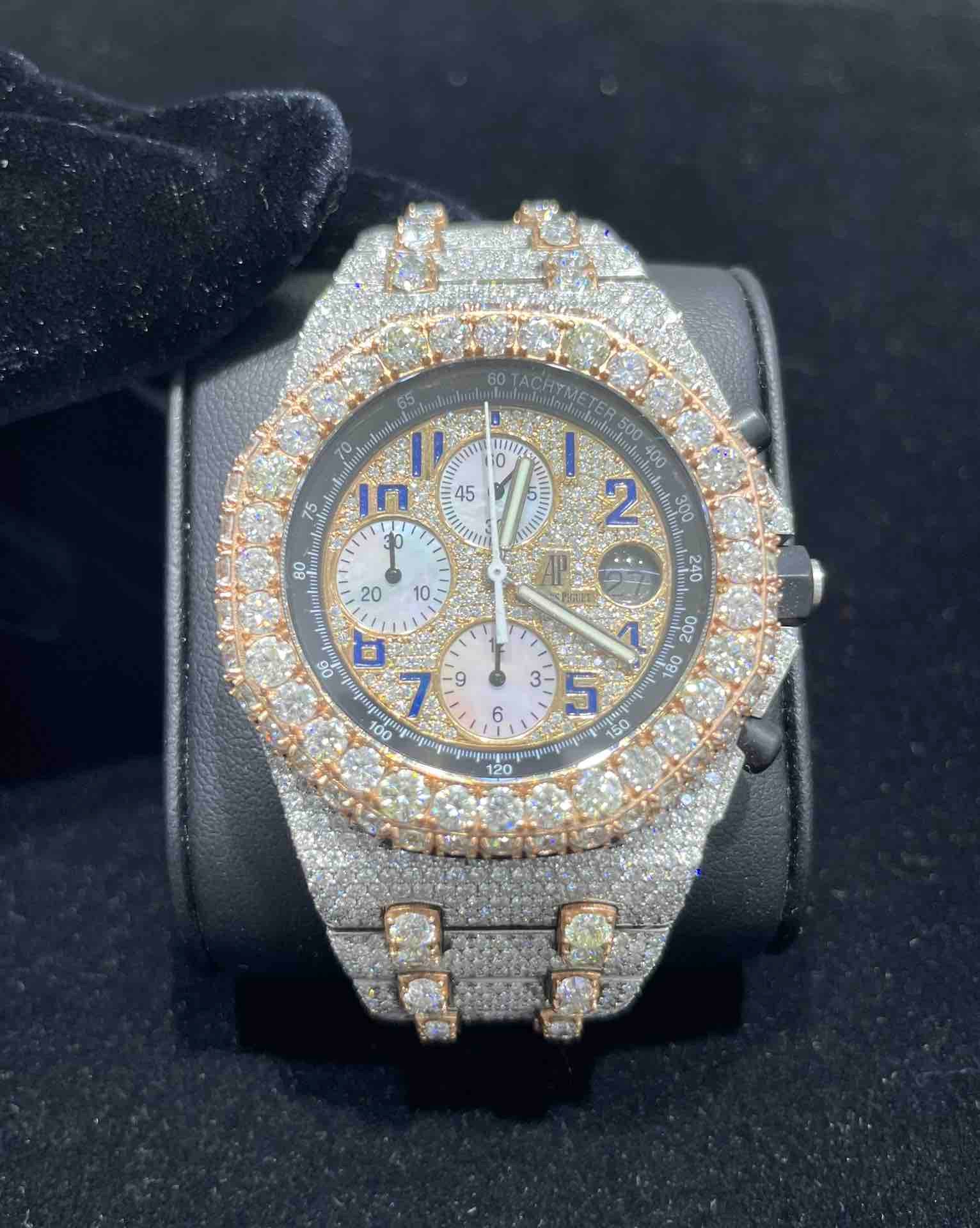 Iced out Audemars Piguet Royal Oak Chrono Arabic Dial Natural Diamond Watch