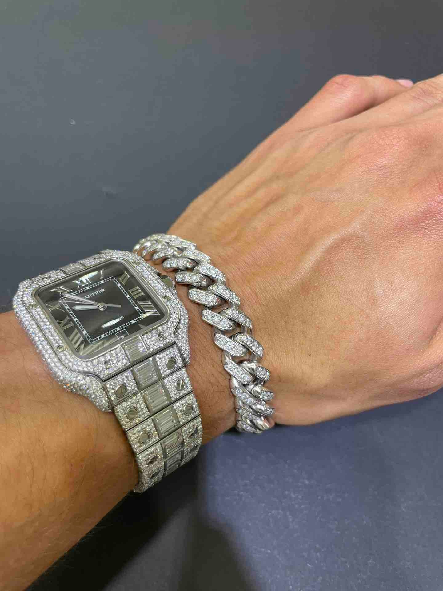 Iced Bust Down Baguettes Cartier Watch w/Blue Dial | 41mm | White