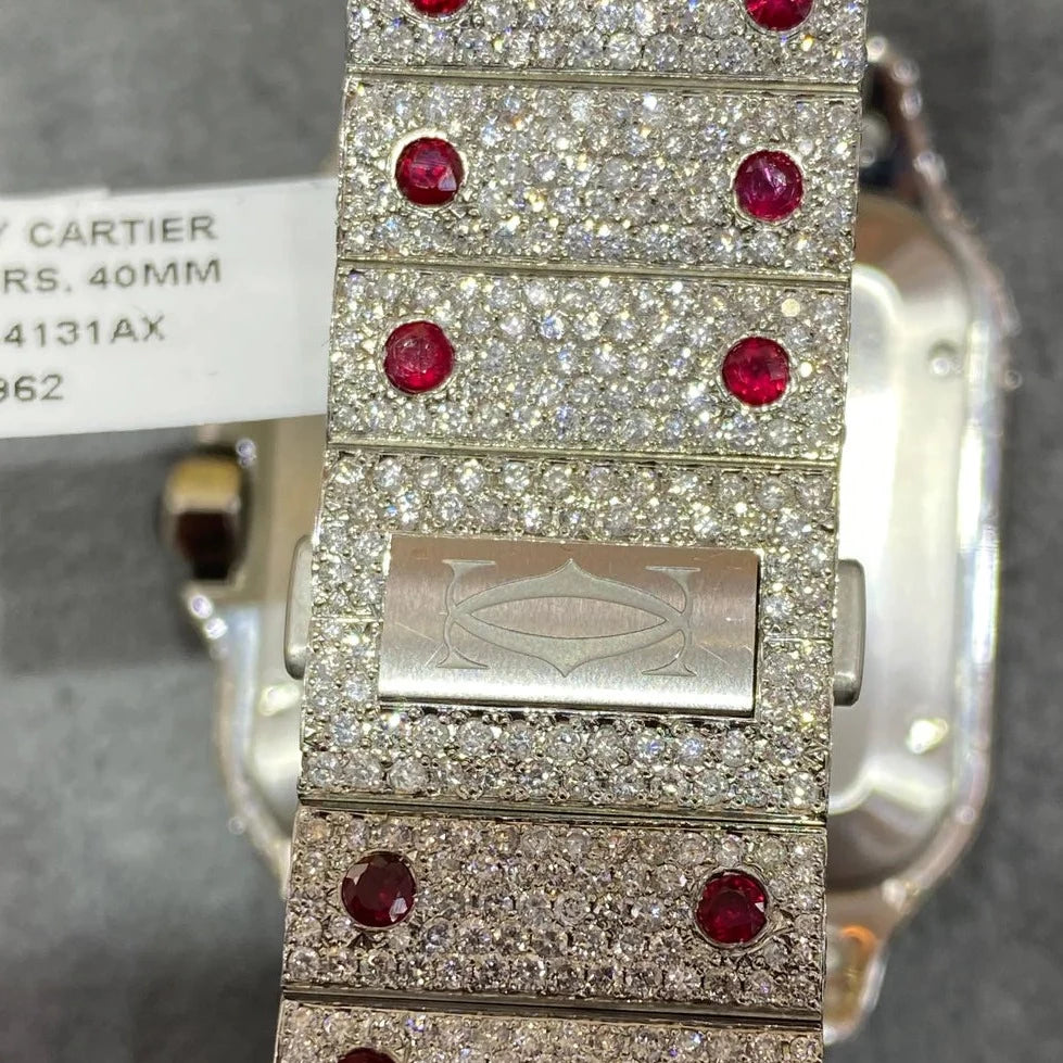 ruby iced out cartier watch 18 cts vs1 natural diamonds t.w., white/ruby
