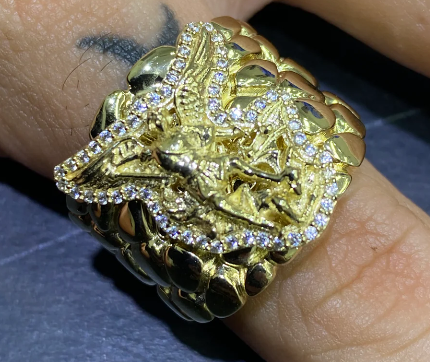 Experience Pure Elegance with the 10K Angel Michael Ring – 9 Grams of Sparkle