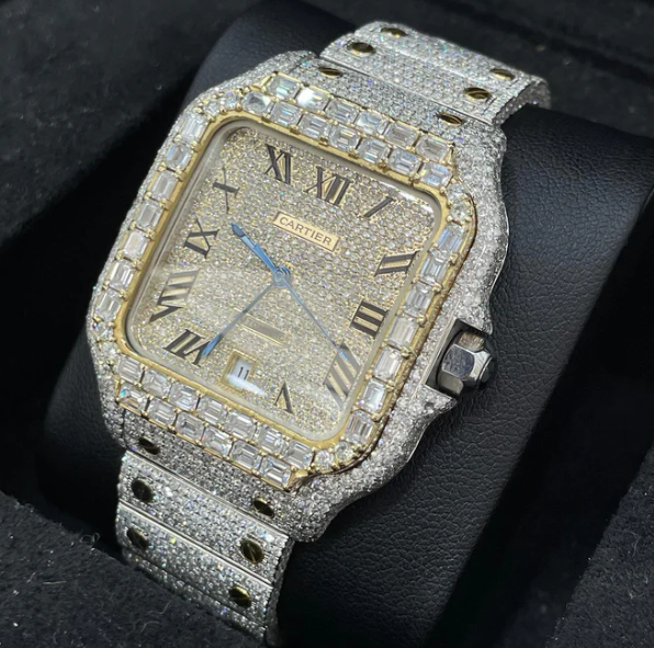 Two Tone 41mm Iced Out Cartier Watch with Baguette Bezel