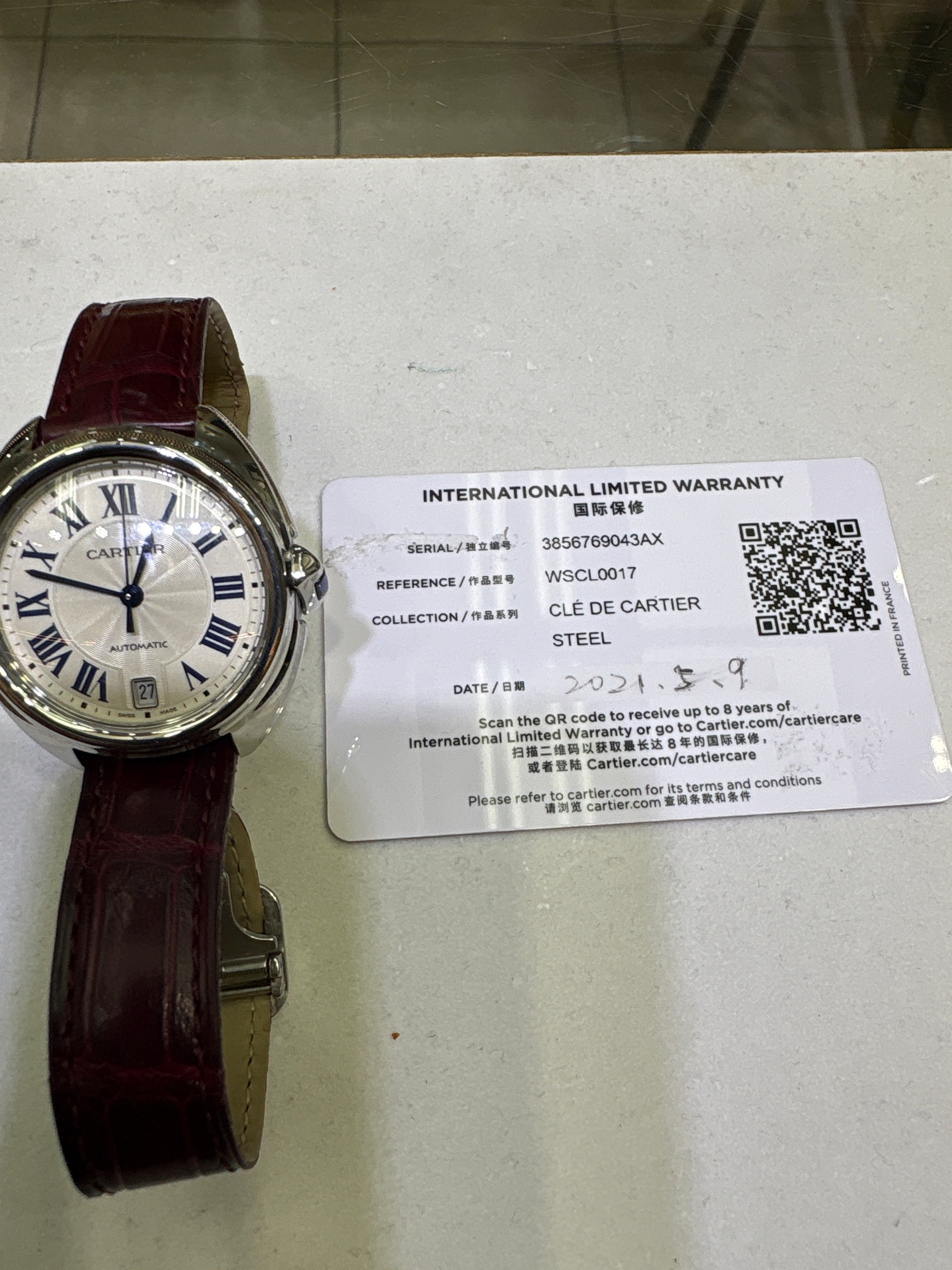 2021 CARTIER CLE De 36MM # WSCL0017 STEEL AND MAROON LEATHER BAND