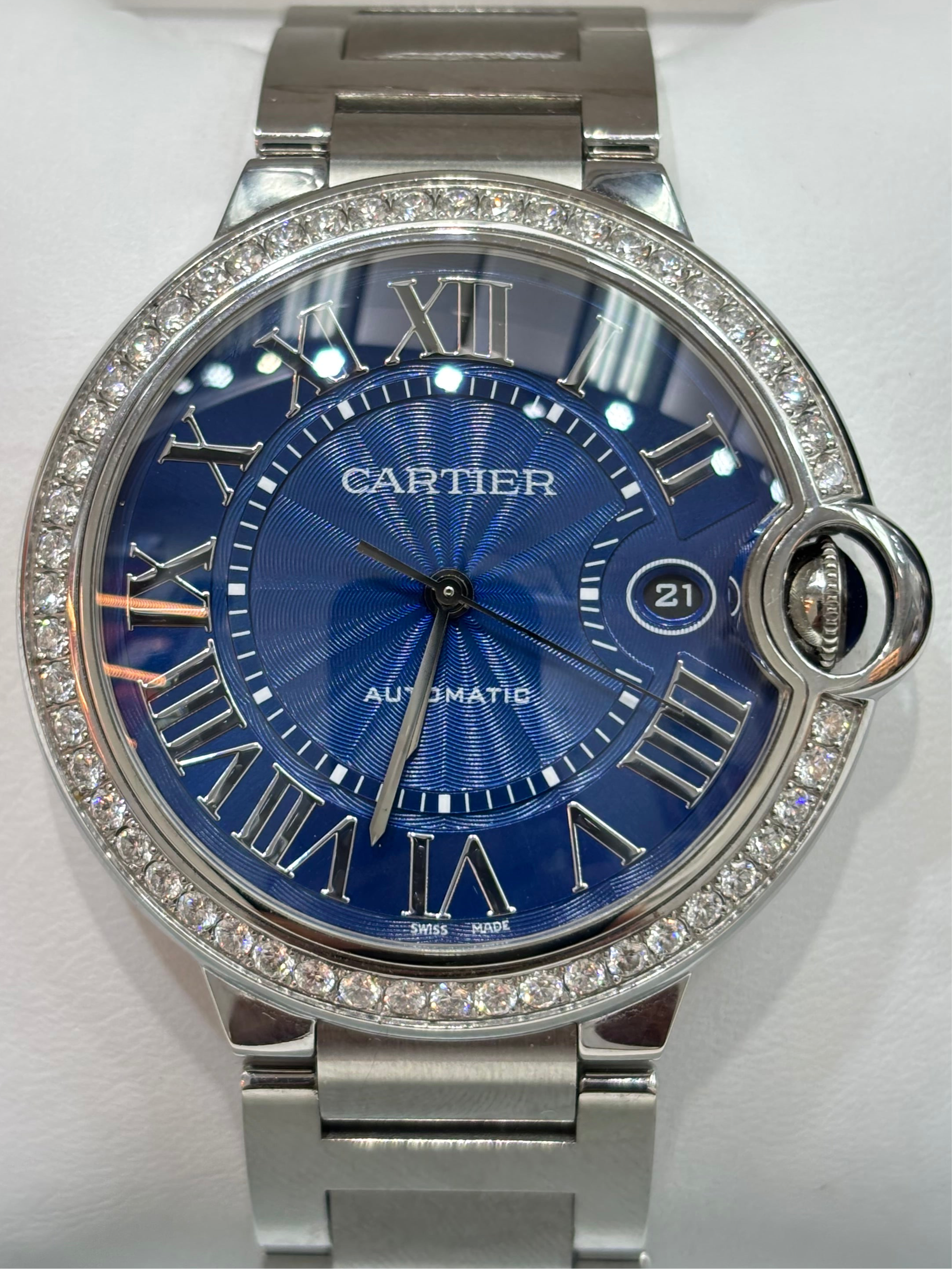 42MM CARTIER BALLON BLEU | DIAMOND BEZEL | BLUE ROMAN DIAL | FACTORY-SET