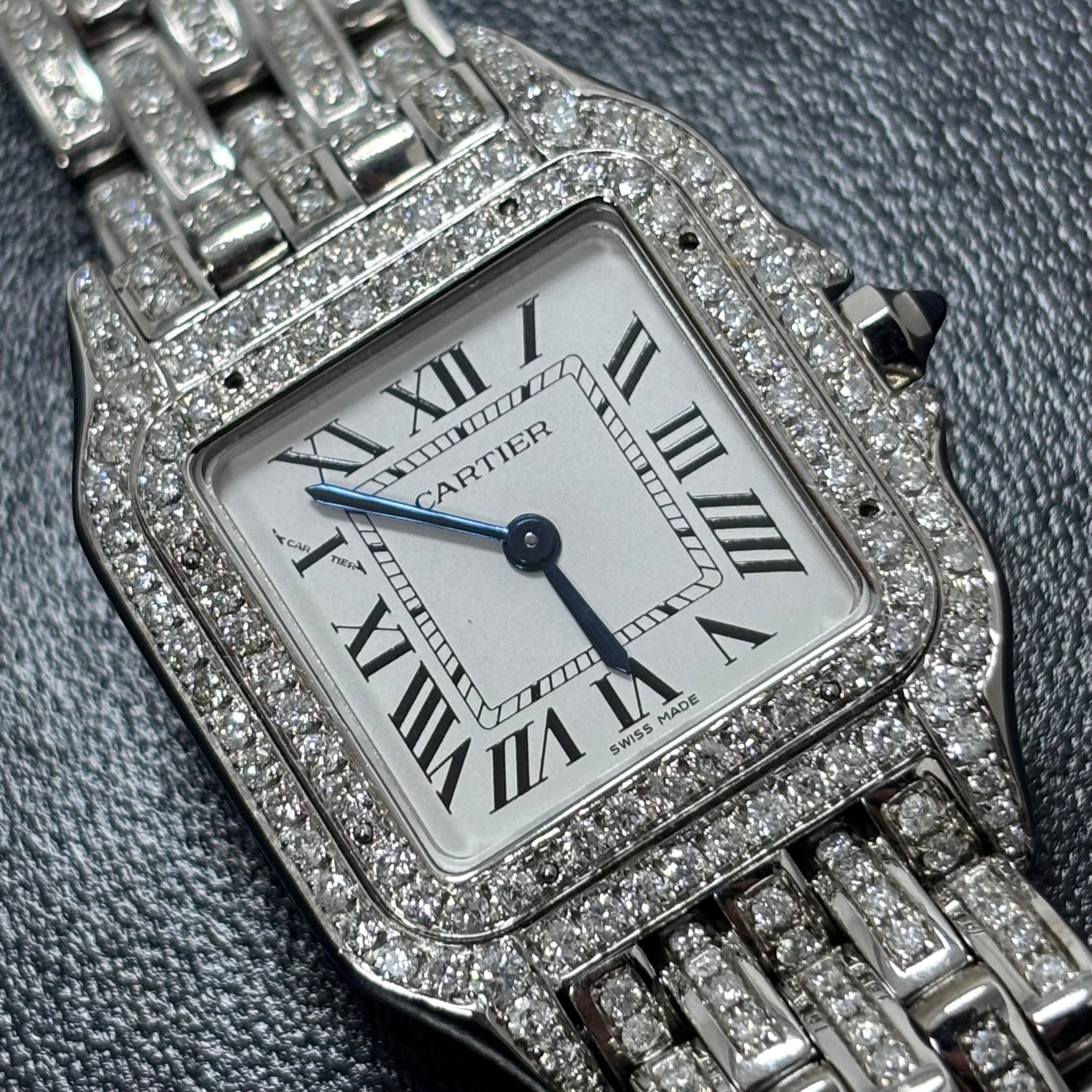31MM CARTIER PANTHERE ICED OUT VVS-1 NATURAL DIAMOND BUSTDOWN LADIES WATCH