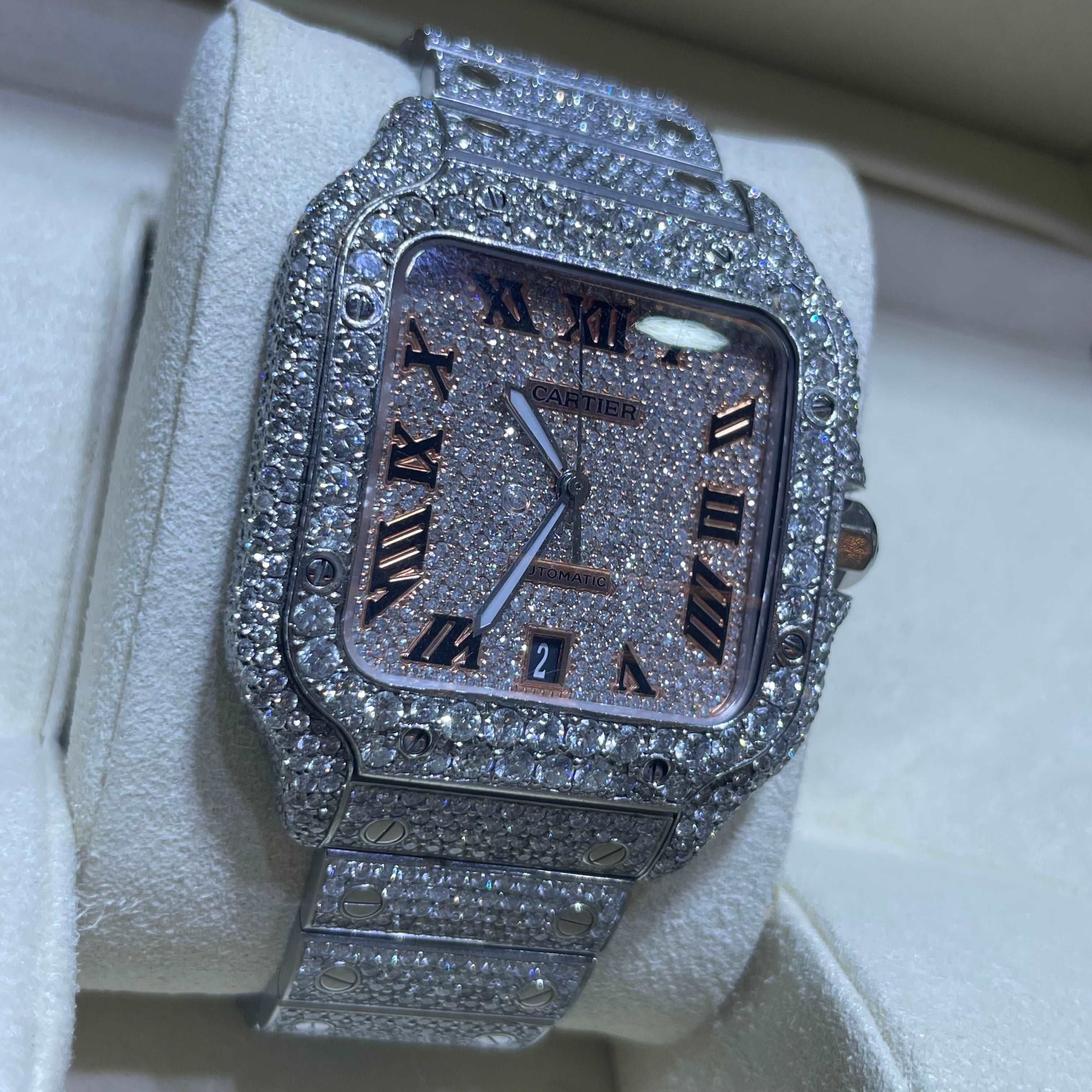 41mm Iced Out Cartier Watch Rose Gold | Rose Roman | Santos XL |