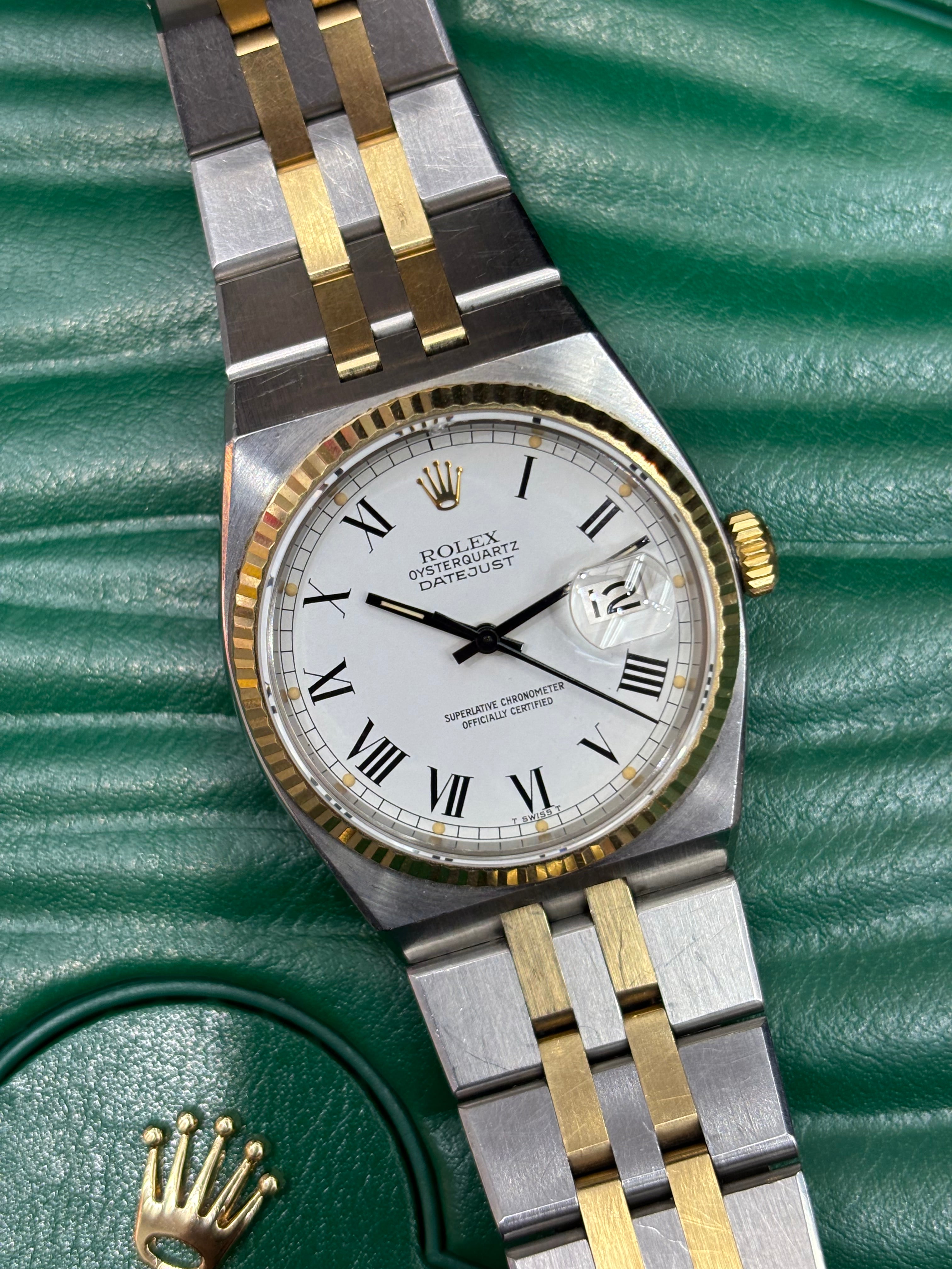 ROLEX OYSTERQUARTZ DATEJUST 36MM | 18KT TWO-TONE | JUBILEE BRACELET | WHITE ROMAN DIAL