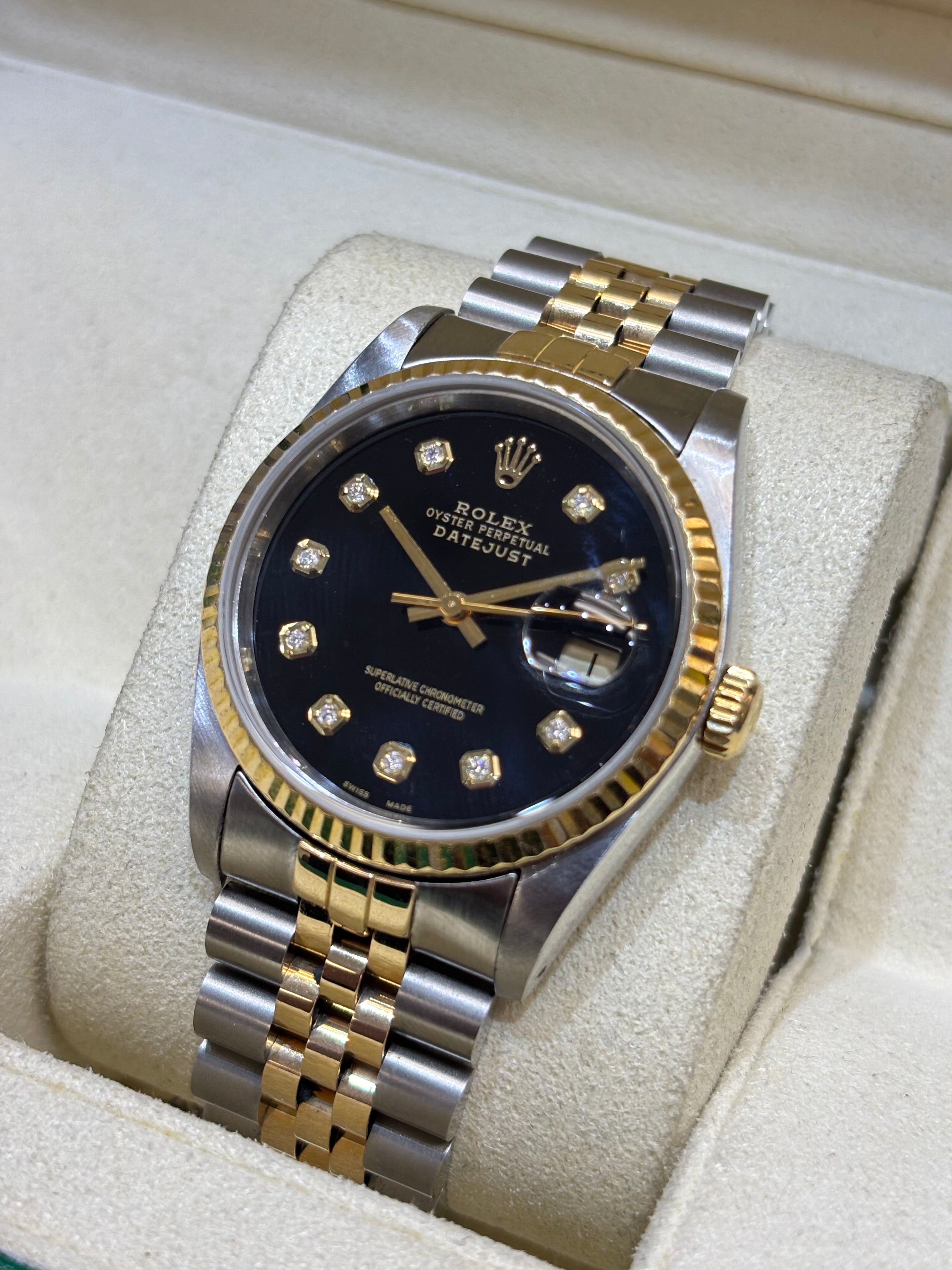 ROLEX DATEJUST 36MM | 18KT YELLOW GOLD TWO-TONE | JUBILEE BRACELET | BLACK DIAMOND DIAL