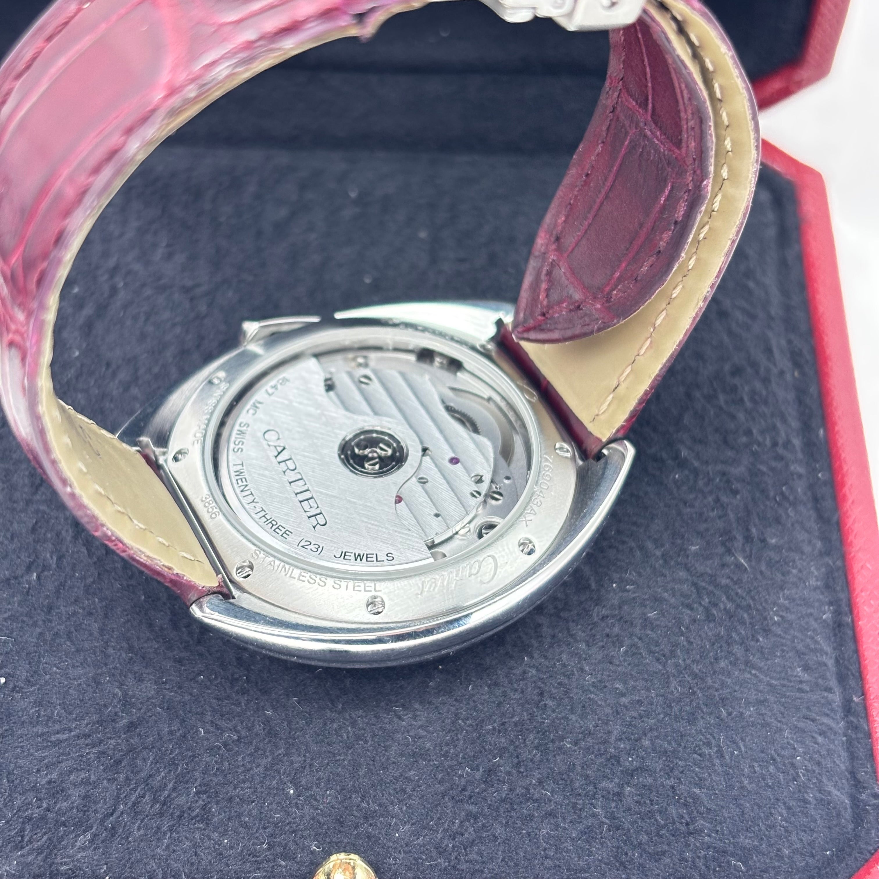 CARTIER CLE De 36MM STEEL AND MAROON LEATHER BAND