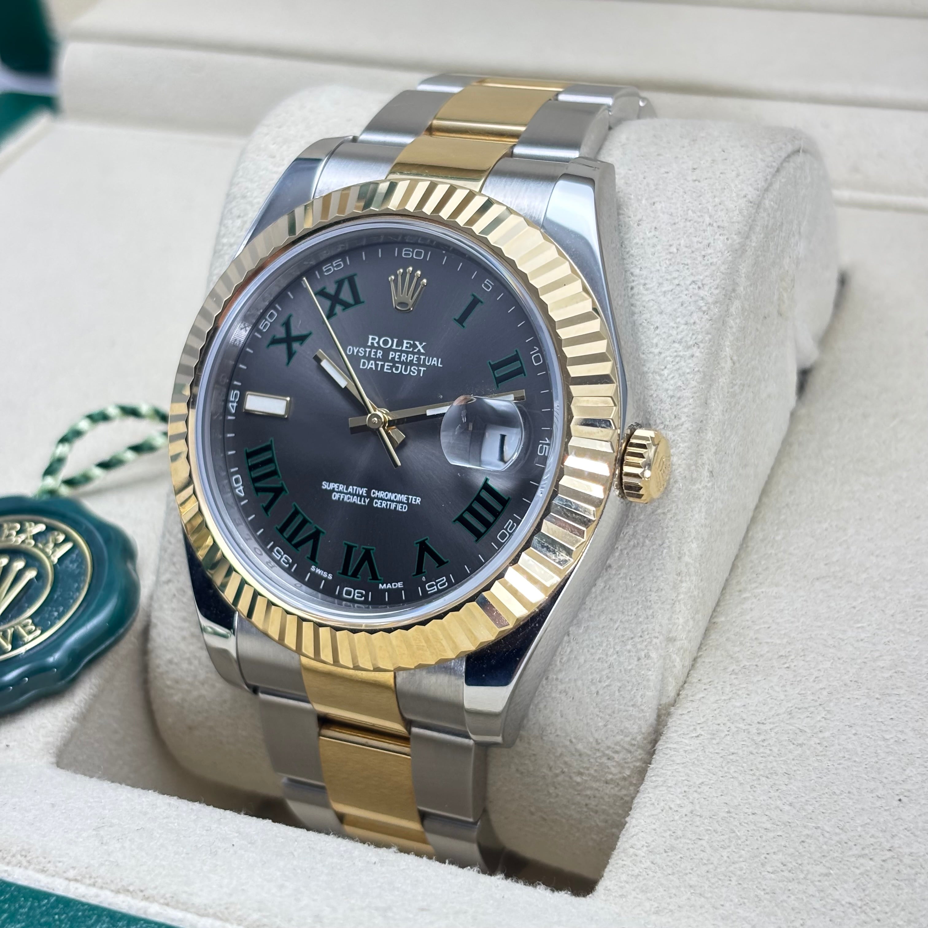 41MM ROLEX DATEJUST 18KT GOLD JUBILEE BRACELET (WIMBLEDON) BOX & CARD