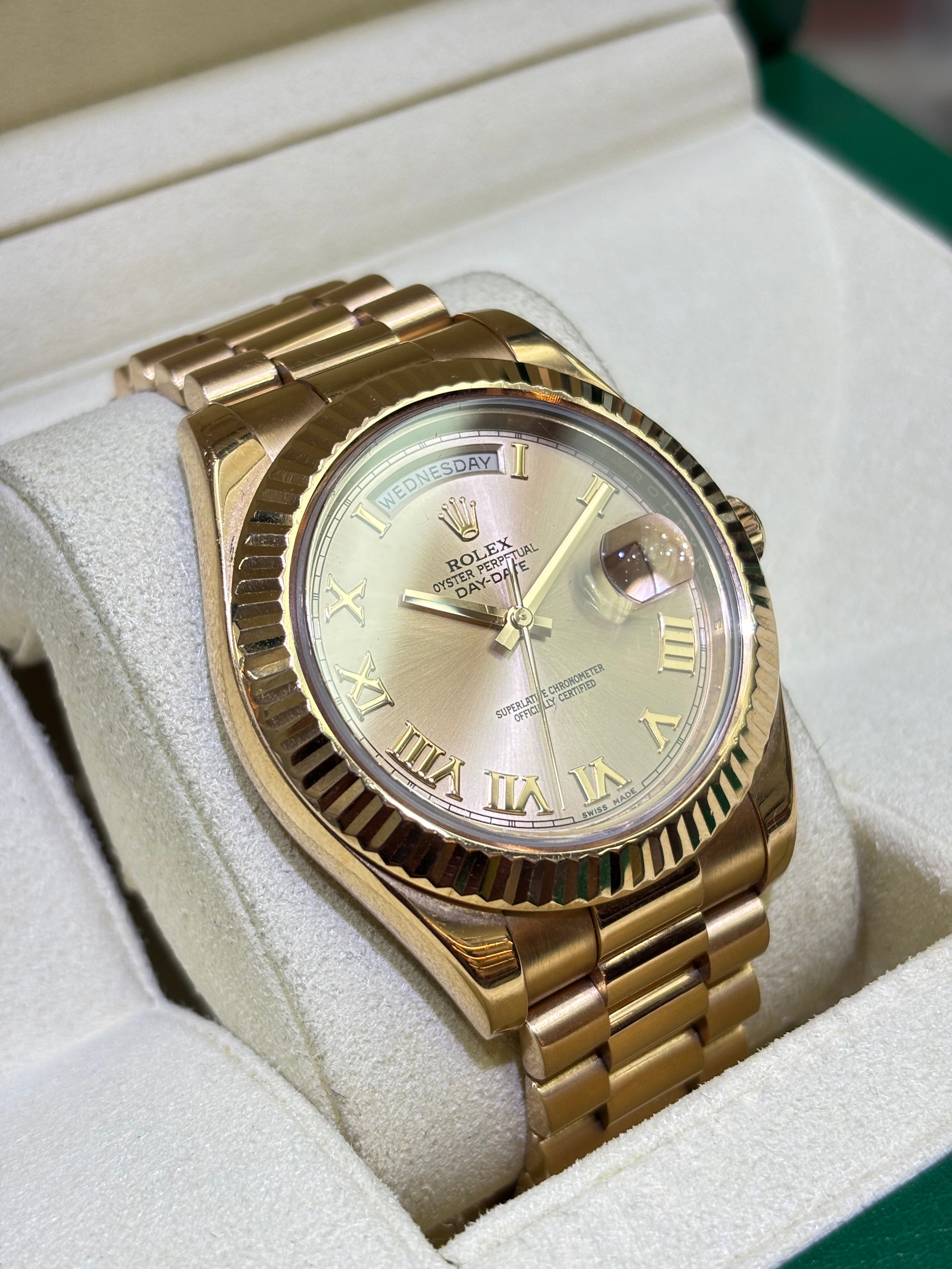 ROLEX DAY-DATE 41MM | 18KT ROSE GOLD | ROMAN ROSE CHAMPAGNE DIAL