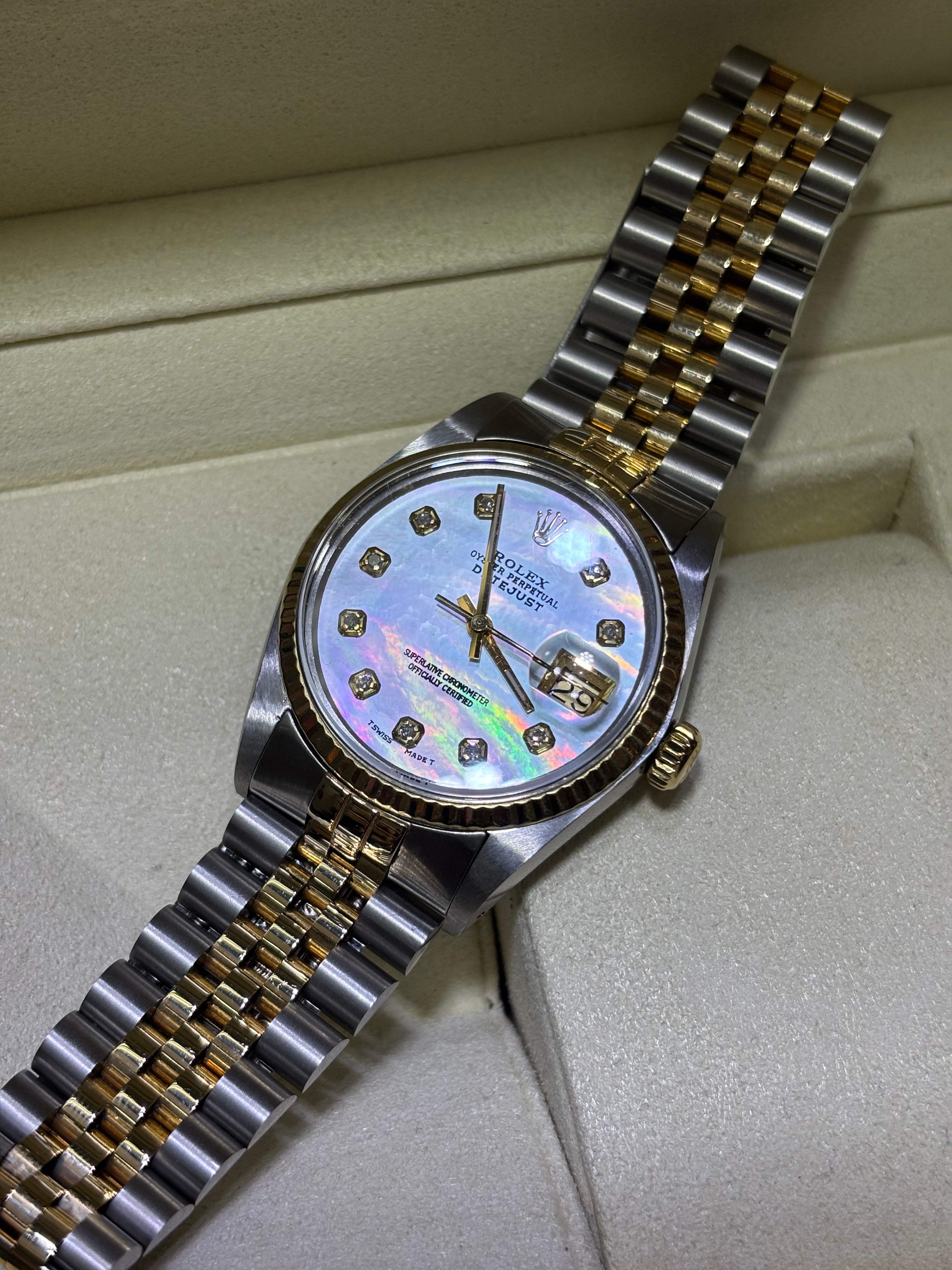 36MM ROLEX DATEJUST(QUICK-SET) | 18KT YLW TWO-TONE | JUBILEE BRACELET | M.O.P DIAMOND DIAL