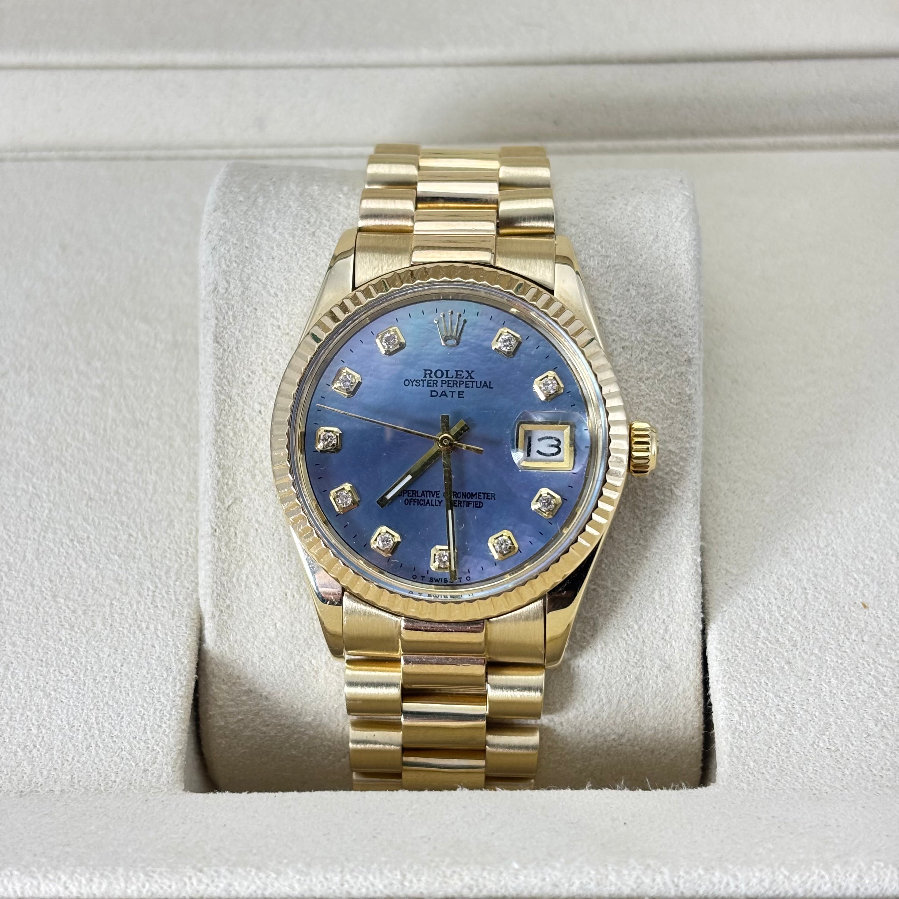 34MM ROLEX DATE MOP 18KT GOLD WATCH