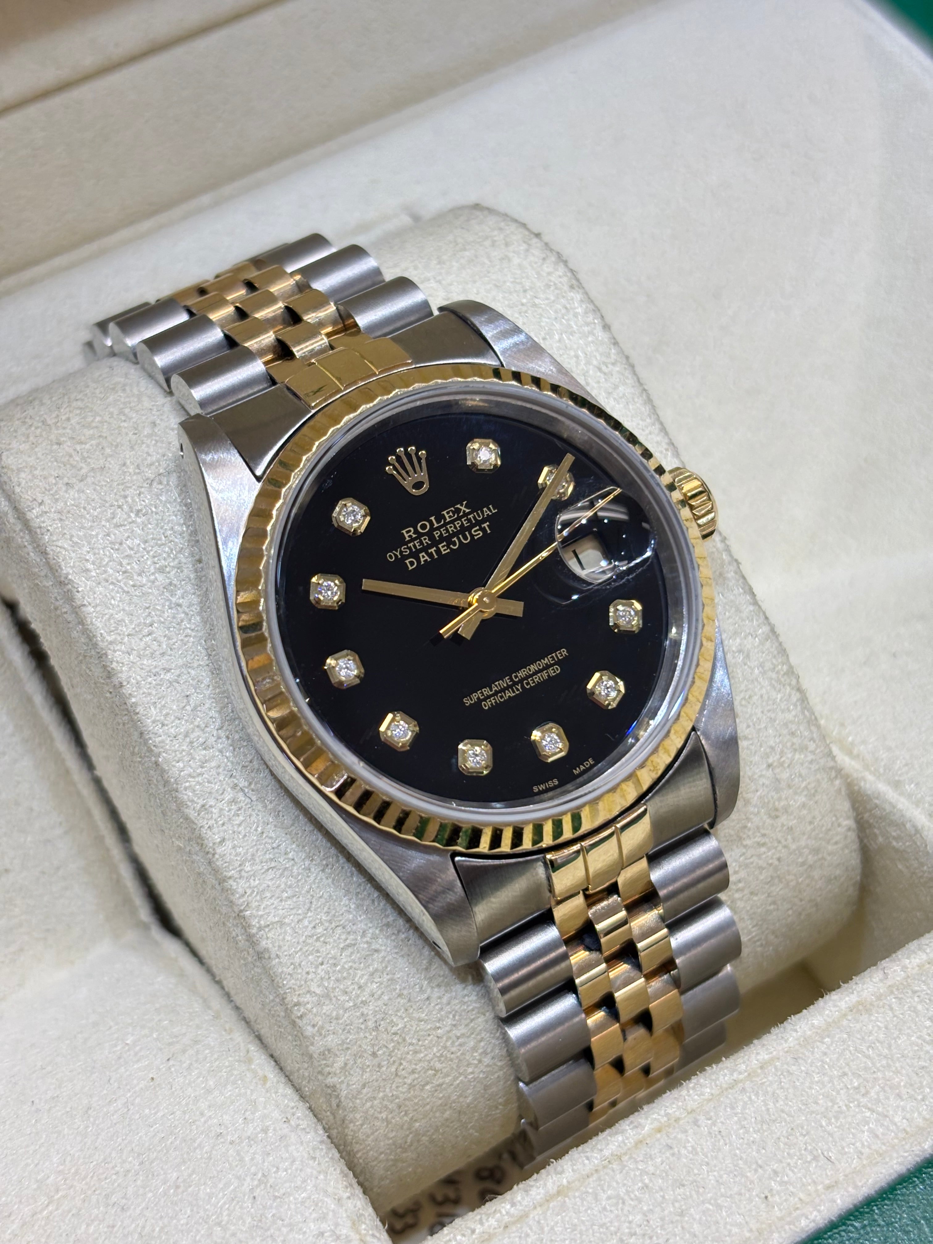 ROLEX DATEJUST 36MM | 18KT YELLOW GOLD TWO-TONE | JUBILEE BRACELET | BLACK DIAMOND DIAL
