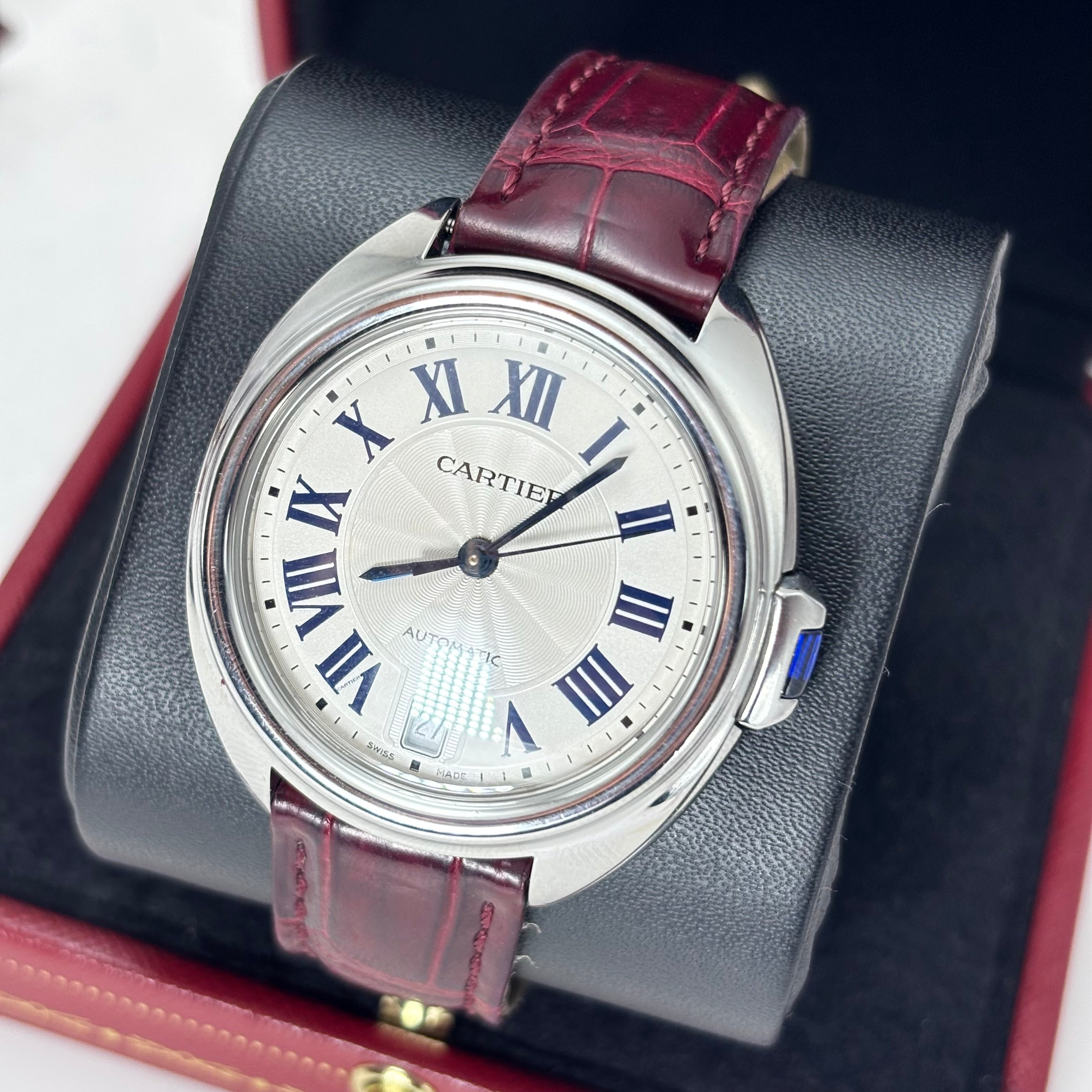 CARTIER CLE De 36MM STEEL AND MAROON LEATHER BAND