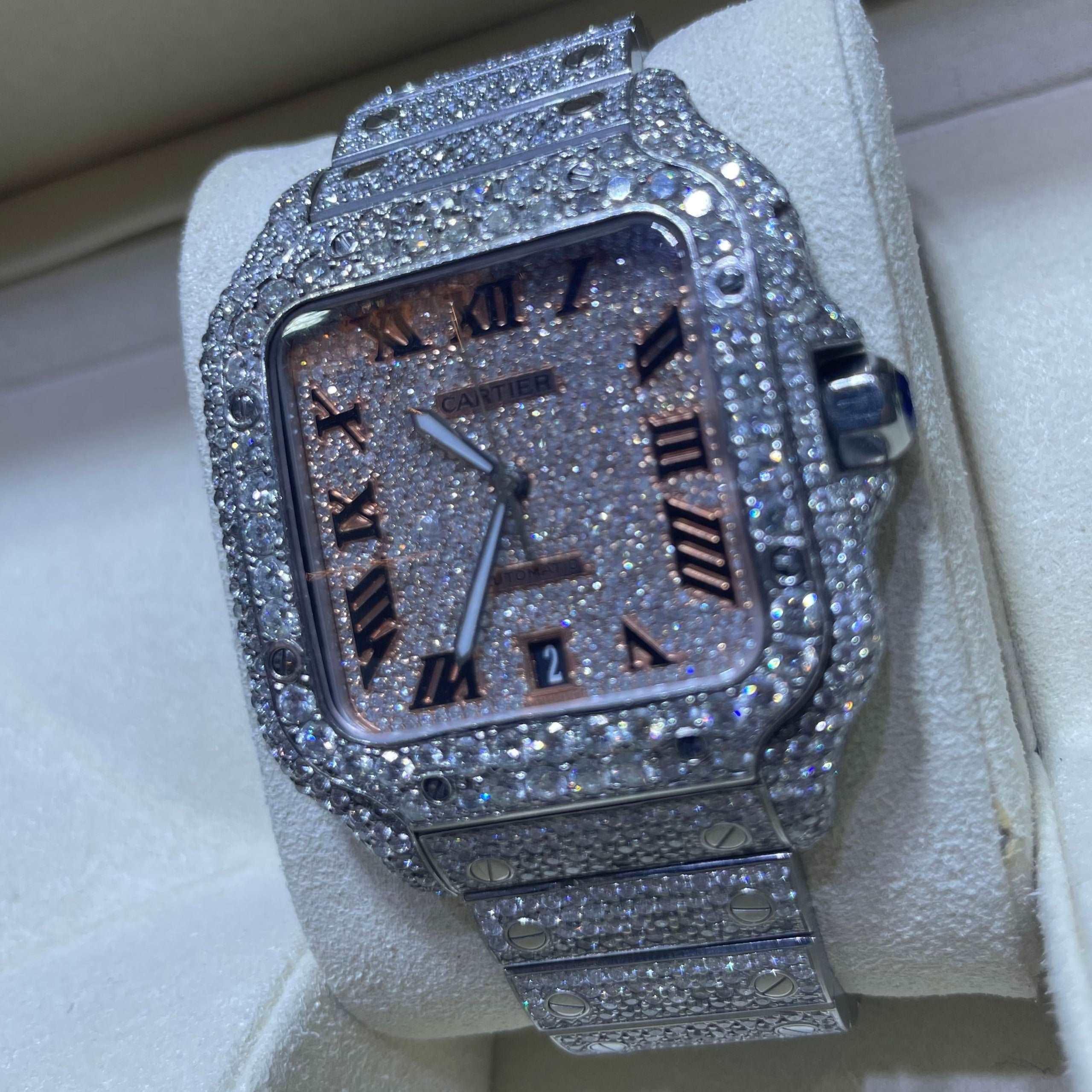41mm Iced Out Cartier Watch Rose Gold | Rose Roman | Santos XL |