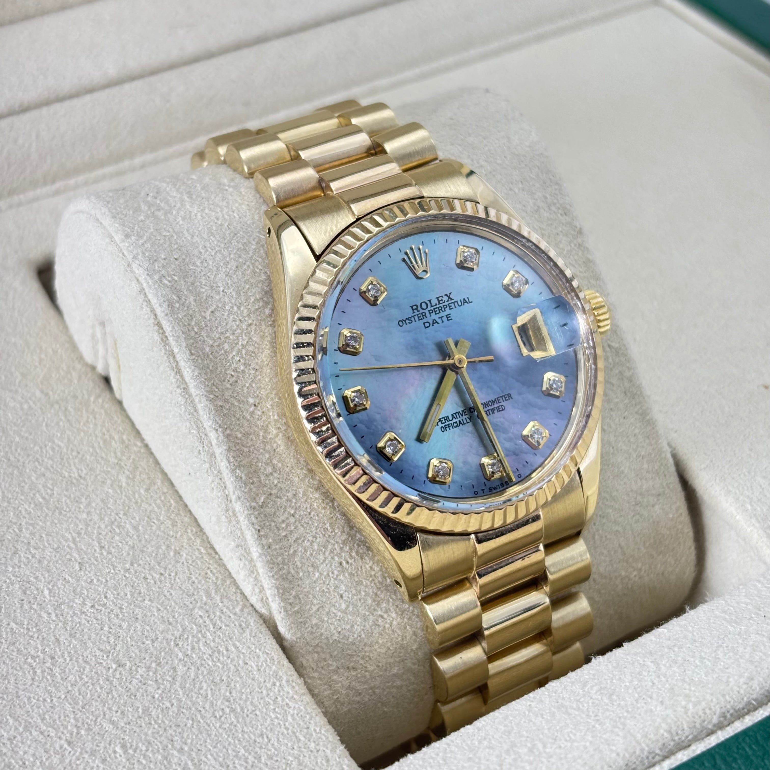 34MM ROLEX DATE MOP 18KT GOLD WATCH