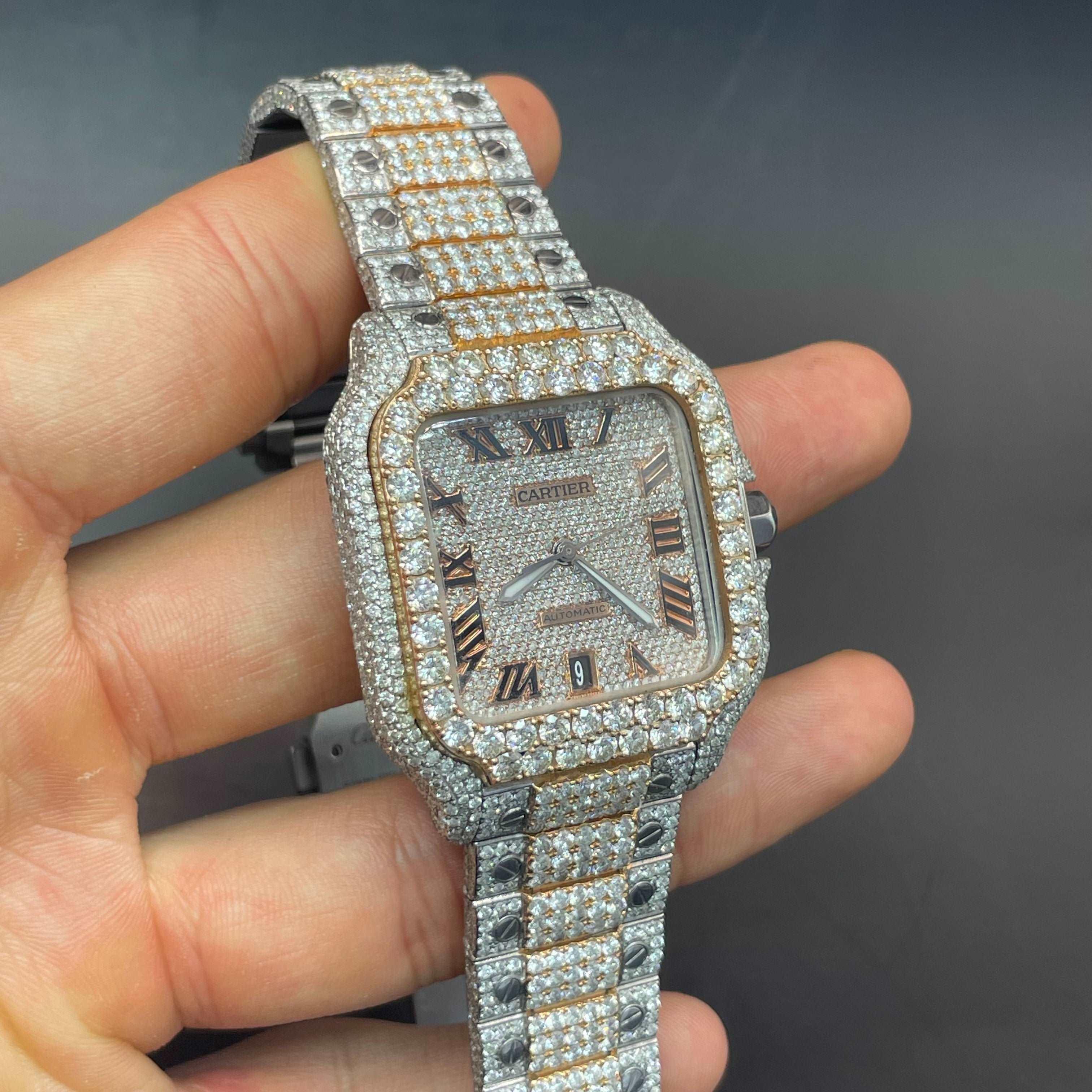 41mm Iced Out Cartier Watch Rose Gold | Roman | Santos XL | Rose Gold