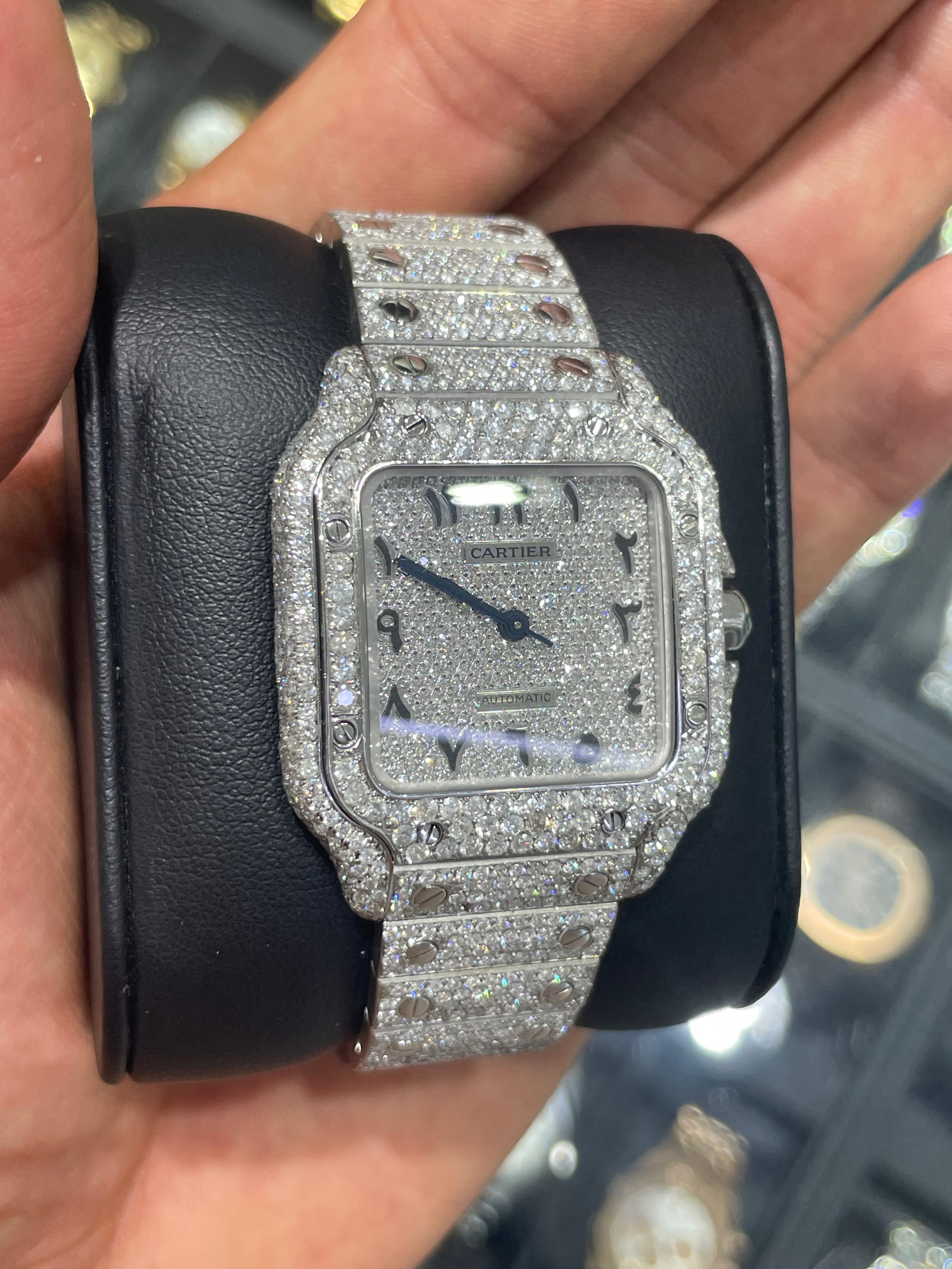 Iced Out Cartier Watch Arabic Dial 22 cts Natural VS1