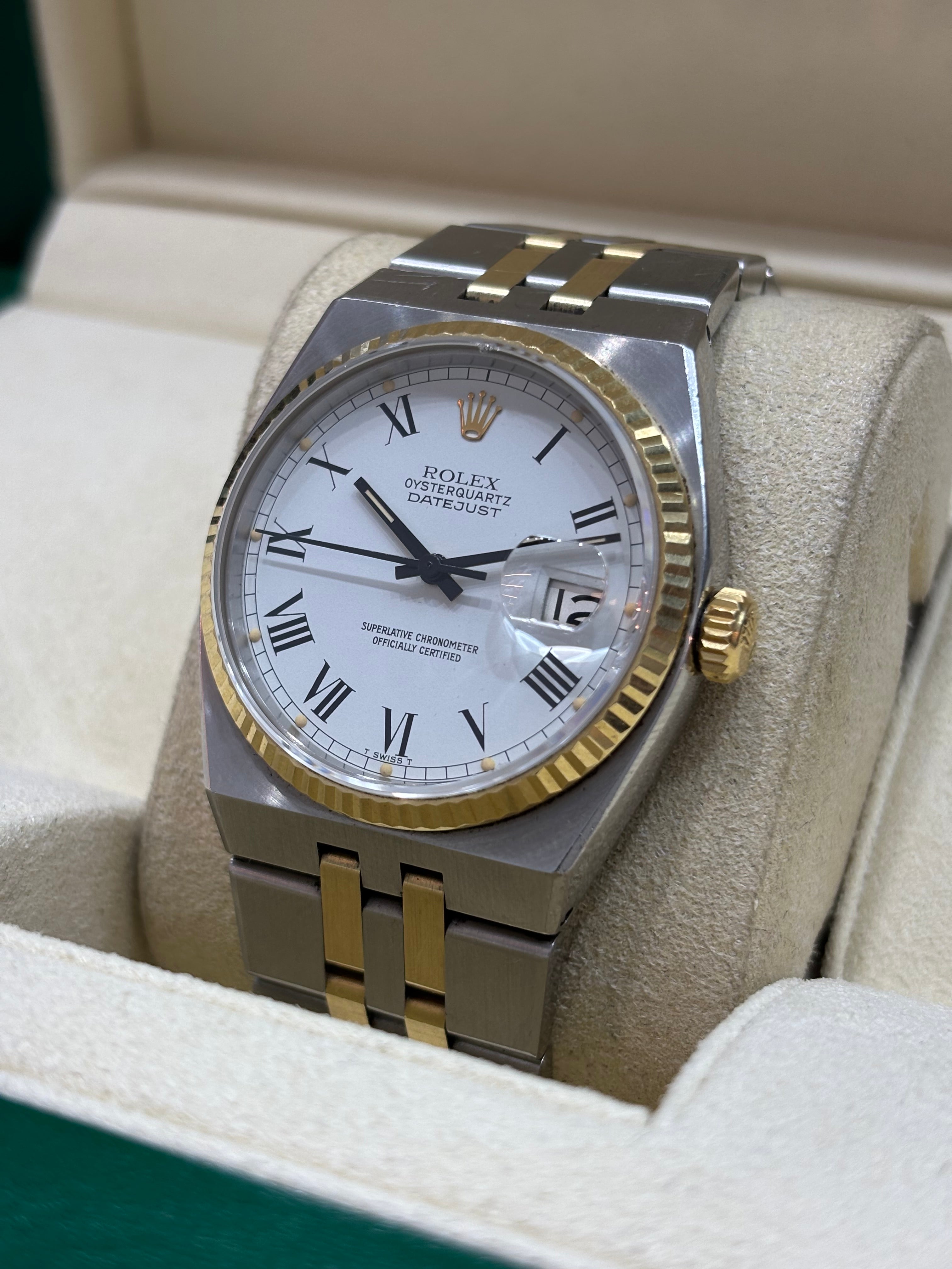 ROLEX OYSTERQUARTZ DATEJUST 36MM | 18KT TWO-TONE | JUBILEE BRACELET | WHITE ROMAN DIAL