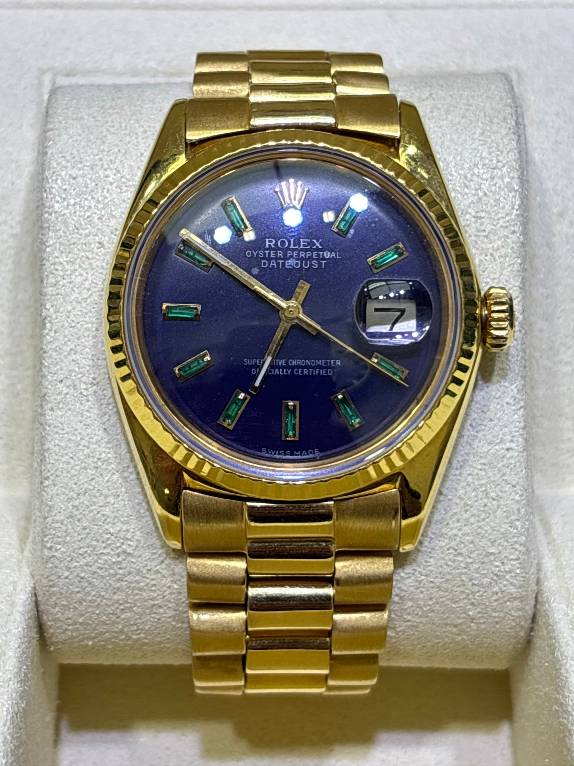 ROLEX DATEJUST | 18KT GOLD 36MM | EMERALD HOUR MARKERS & PURPLE DIAL | PRESIDENTIAL BRACELET