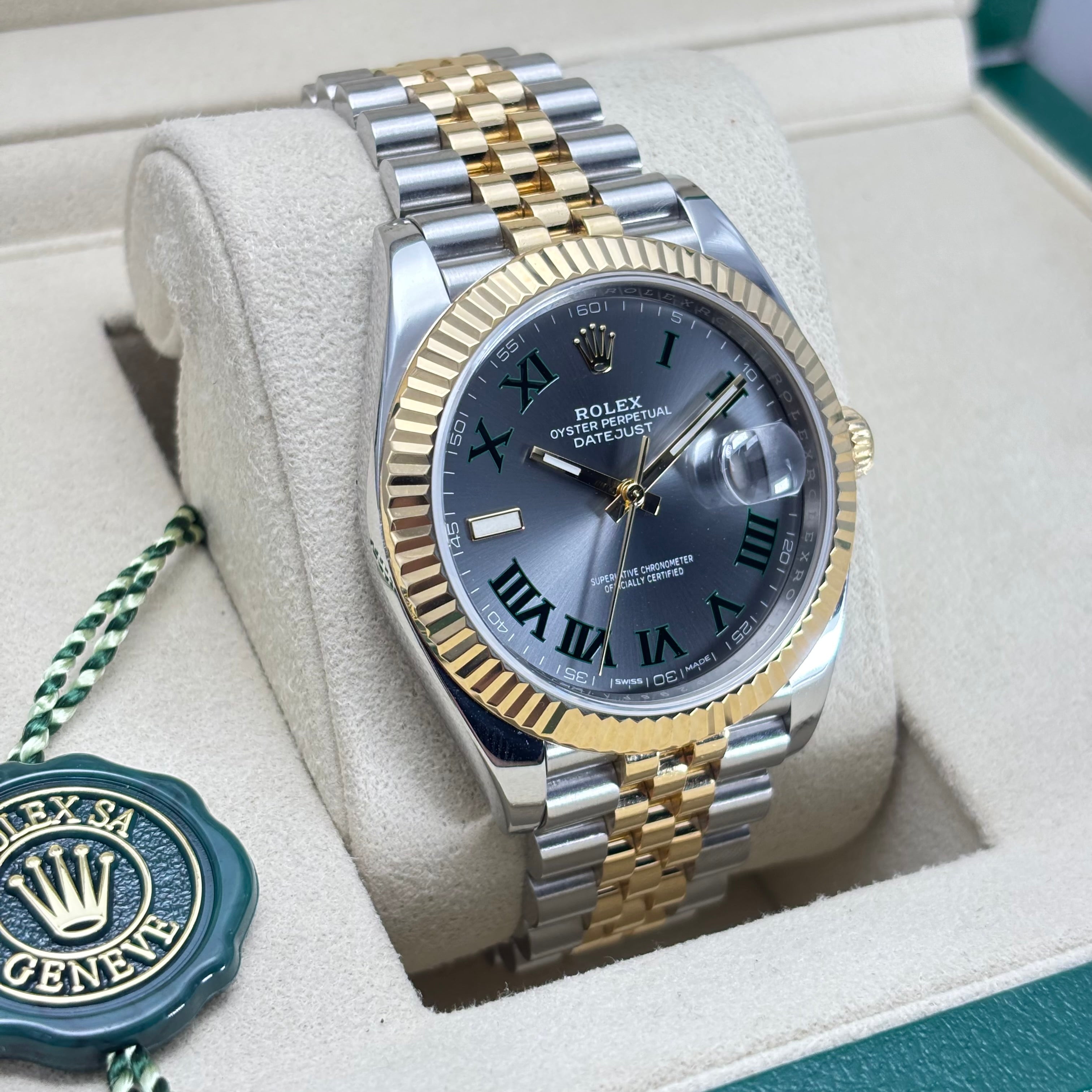 41MM ROLEX DATEJUST 18KT GOLD JUBILEE BRACELET (WIMBLEDON) BOX & CARD