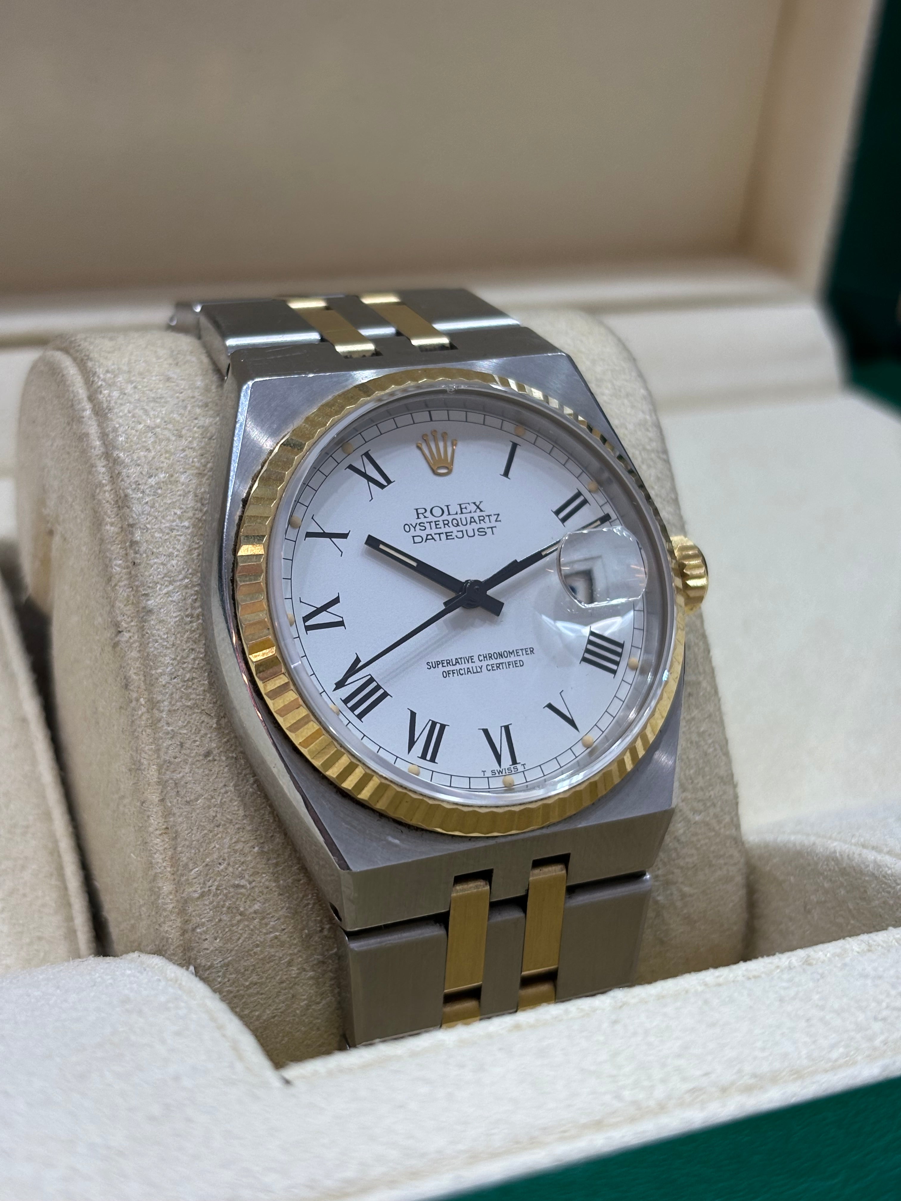 ROLEX OYSTERQUARTZ DATEJUST 36MM | 18KT TWO-TONE | JUBILEE BRACELET | WHITE ROMAN DIAL