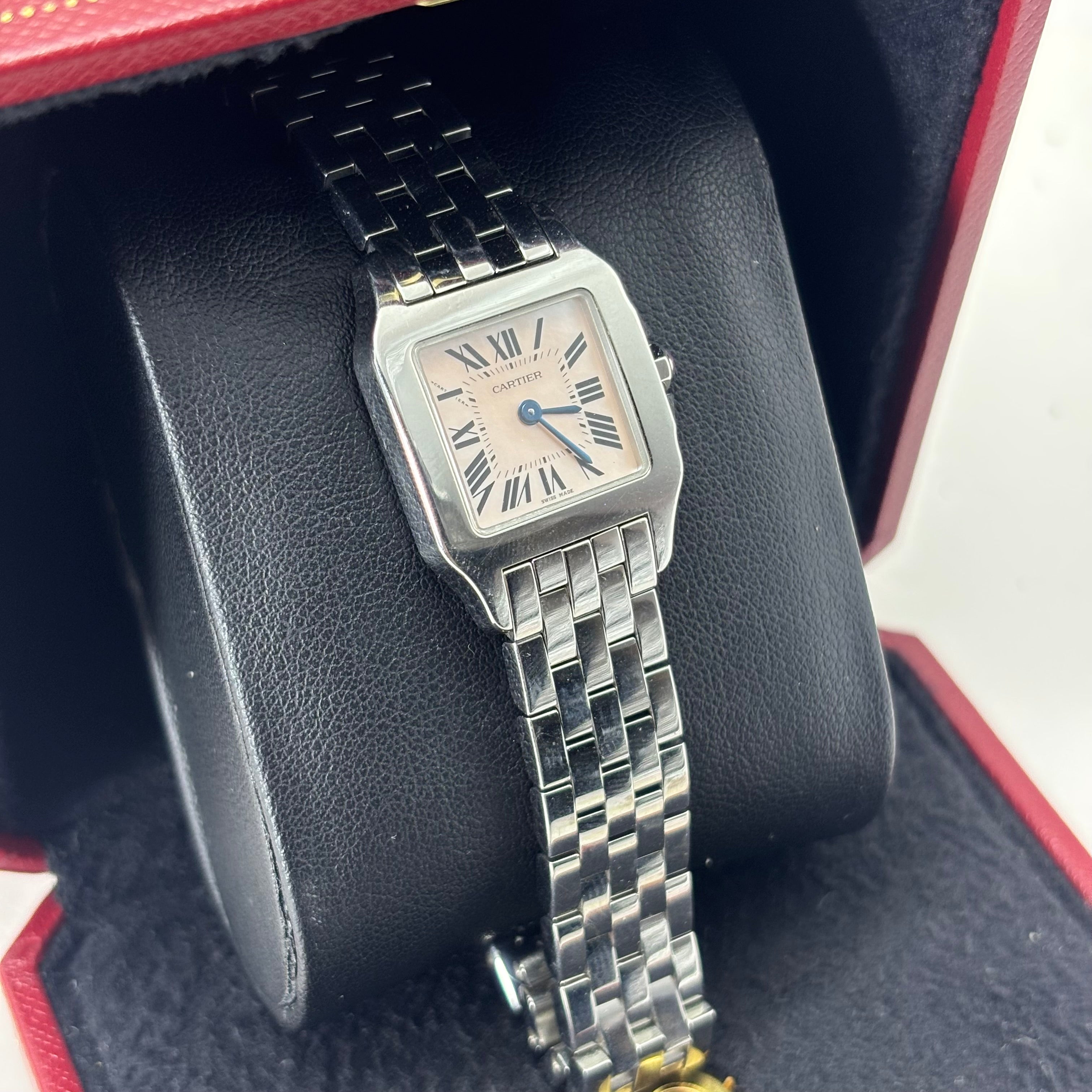 26MM Cartier Santos Demoiselle ladies watch STAINLESS STEEL PINK SALMON MOP DIAL #2698