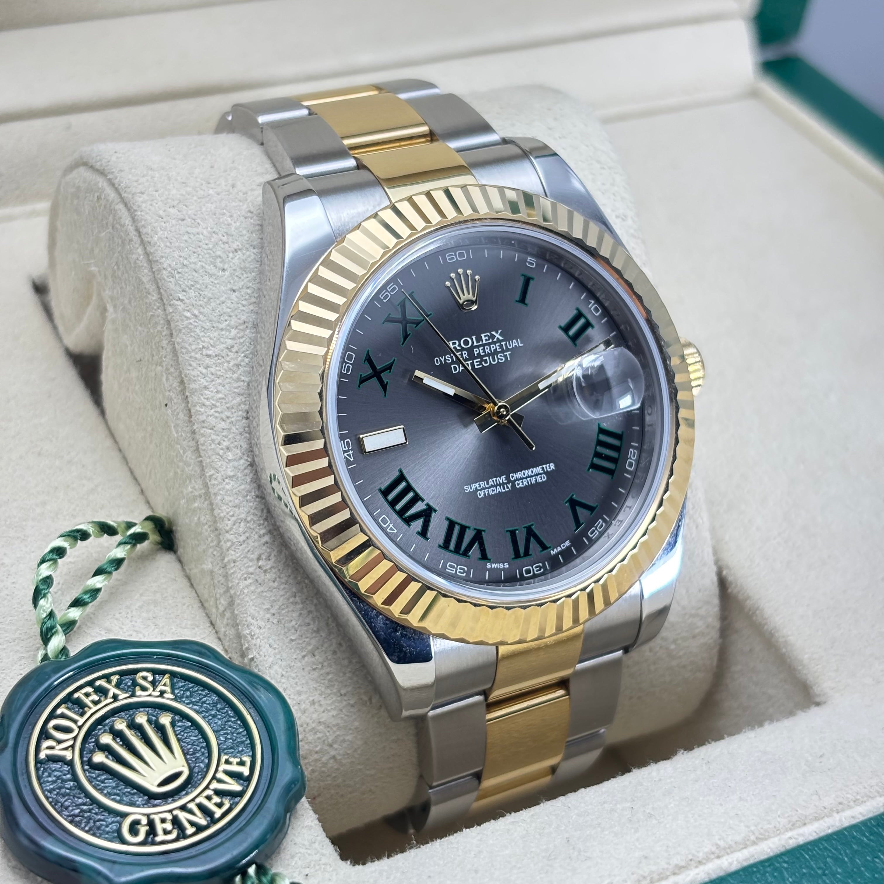 41MM ROLEX DATEJUST 18KT GOLD JUBILEE BRACELET (WIMBLEDON) BOX & CARD