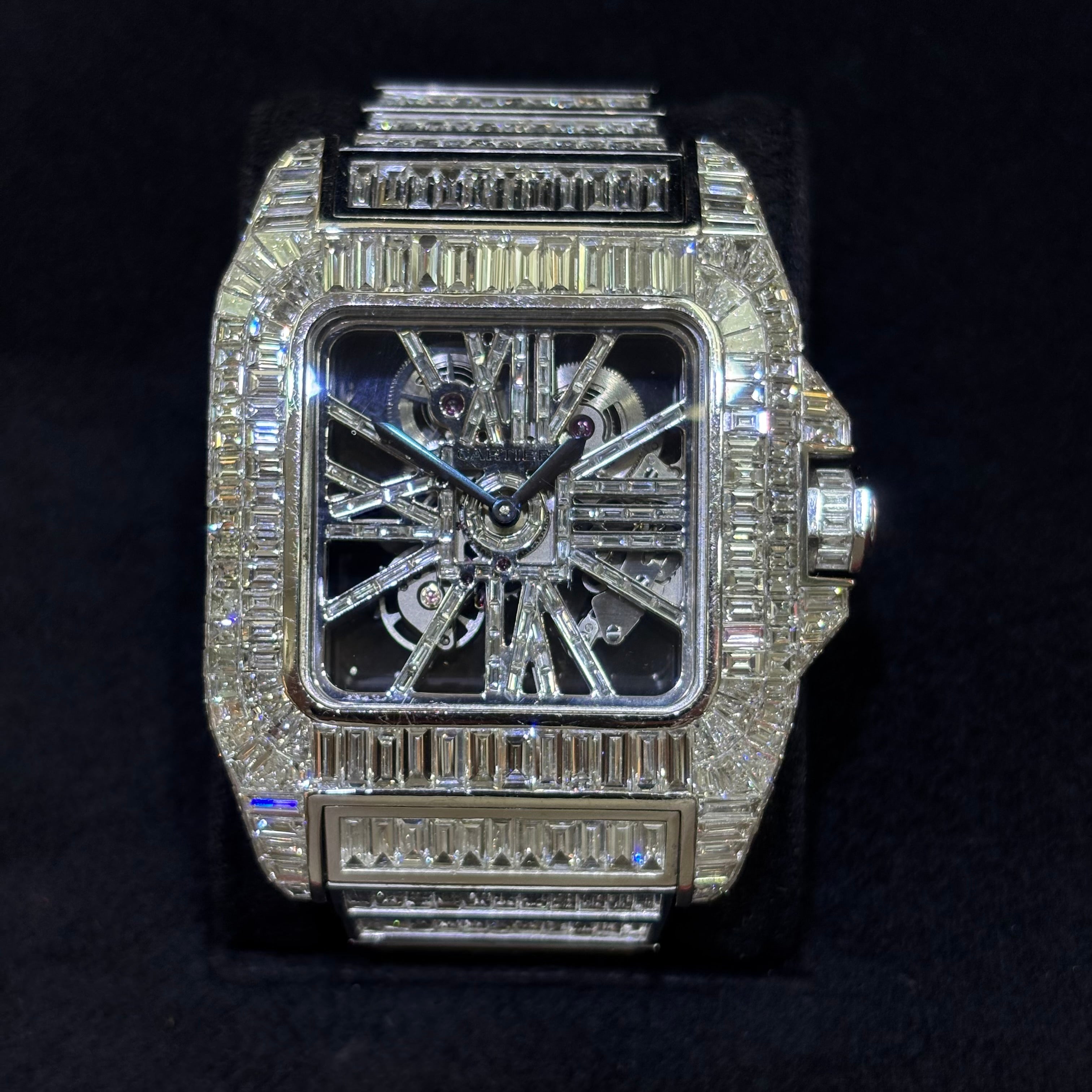 18KT SOLID WHITE GOLD CARTIER SANTOS XL 100 BAGUETTE CHANDELIER 52.00CTW VVS-1