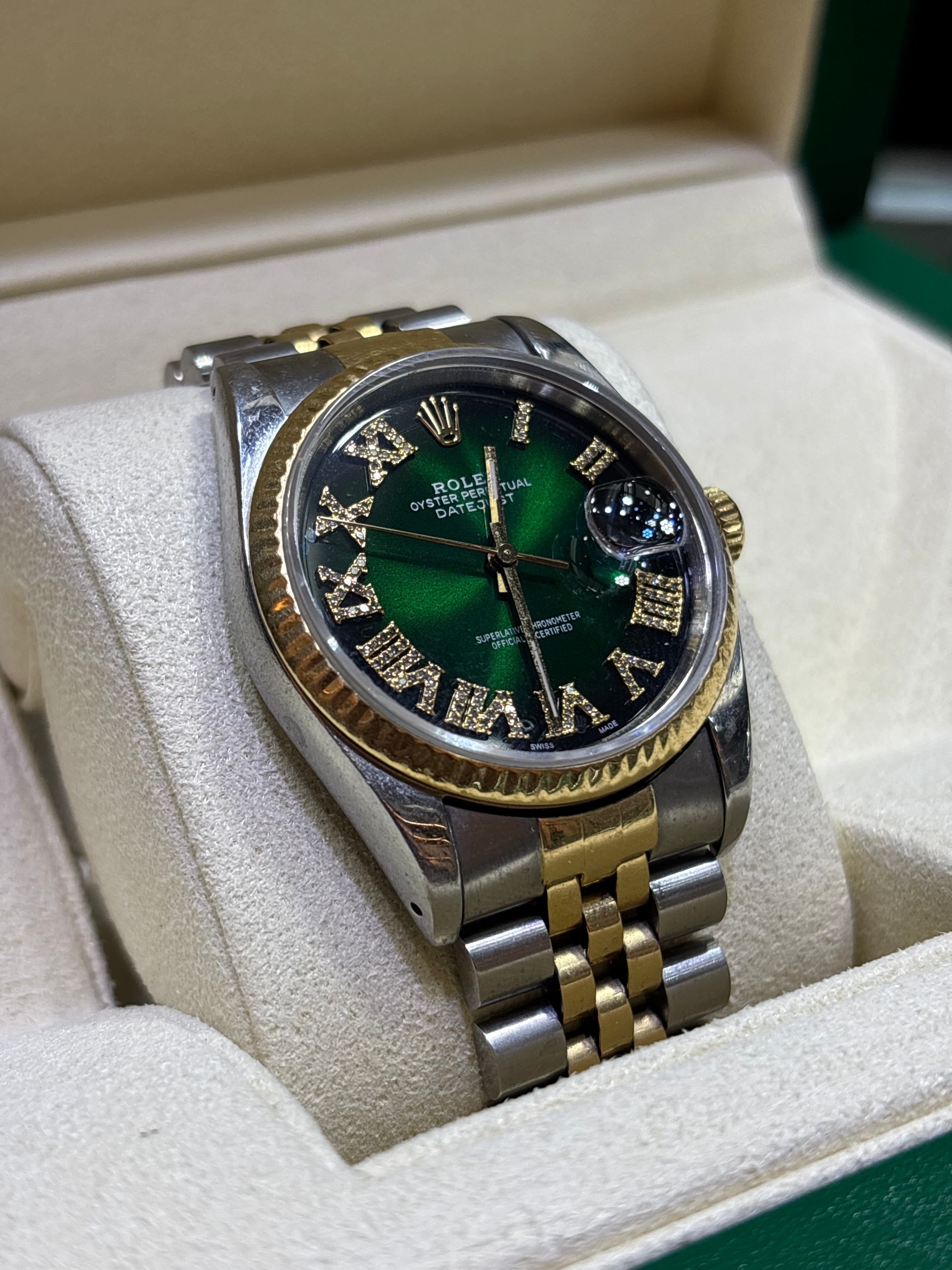 ROLEX DATEJUST 36MM | TWO-TONE JUBILEE BRACELET | ROMAN GREEN DIAMOND DIAL
